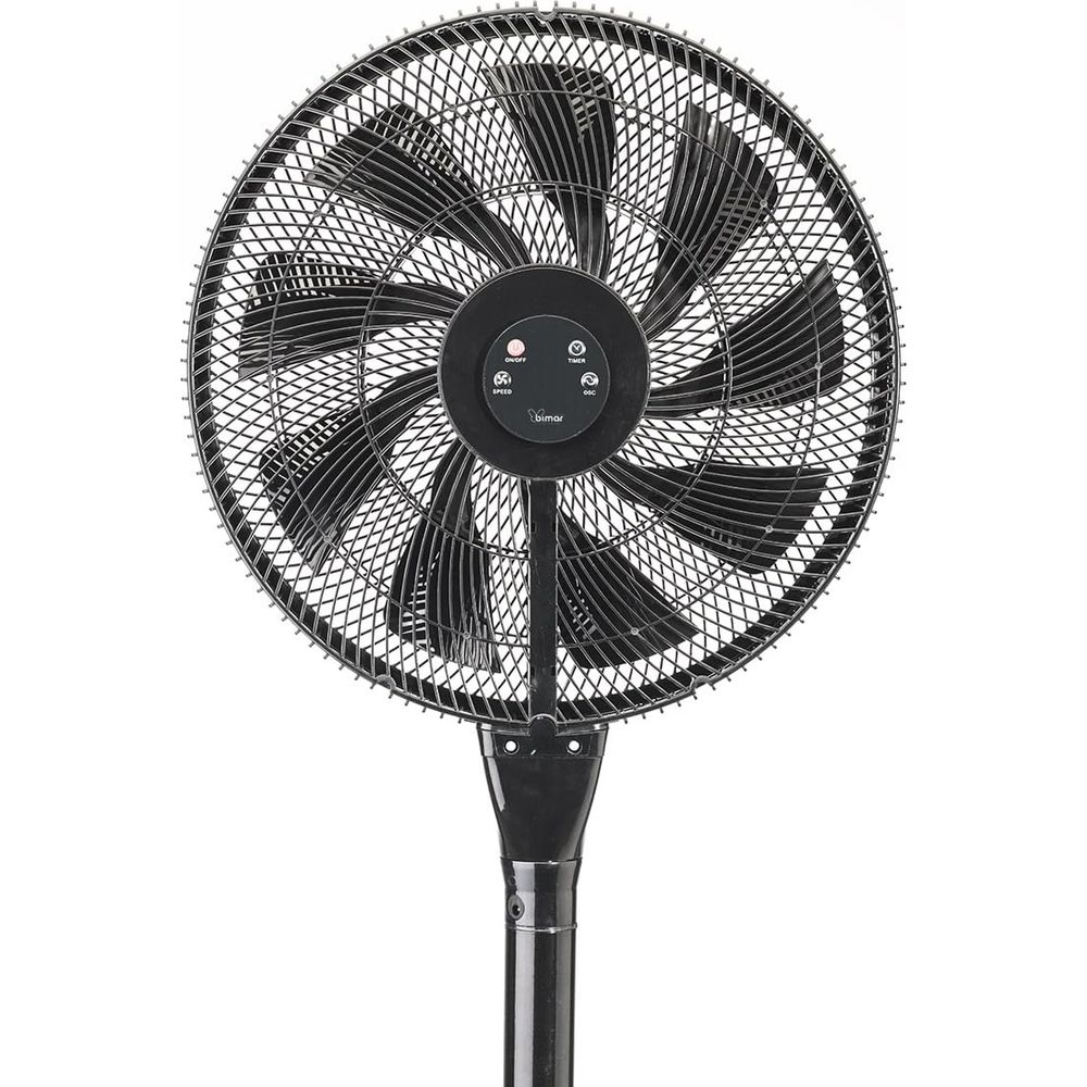 A black oscillating fan with a circular grill and controls on the central hub.