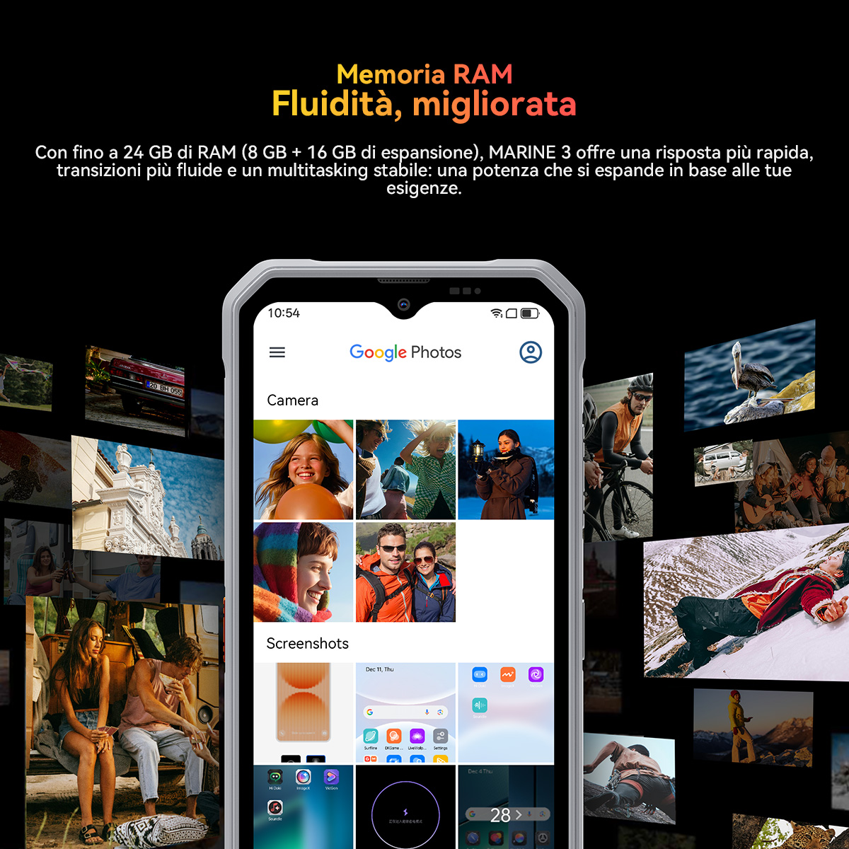 Uno smartphone mostra l'app Google Foto con immagini e screenshot. Pubblicità RAM.