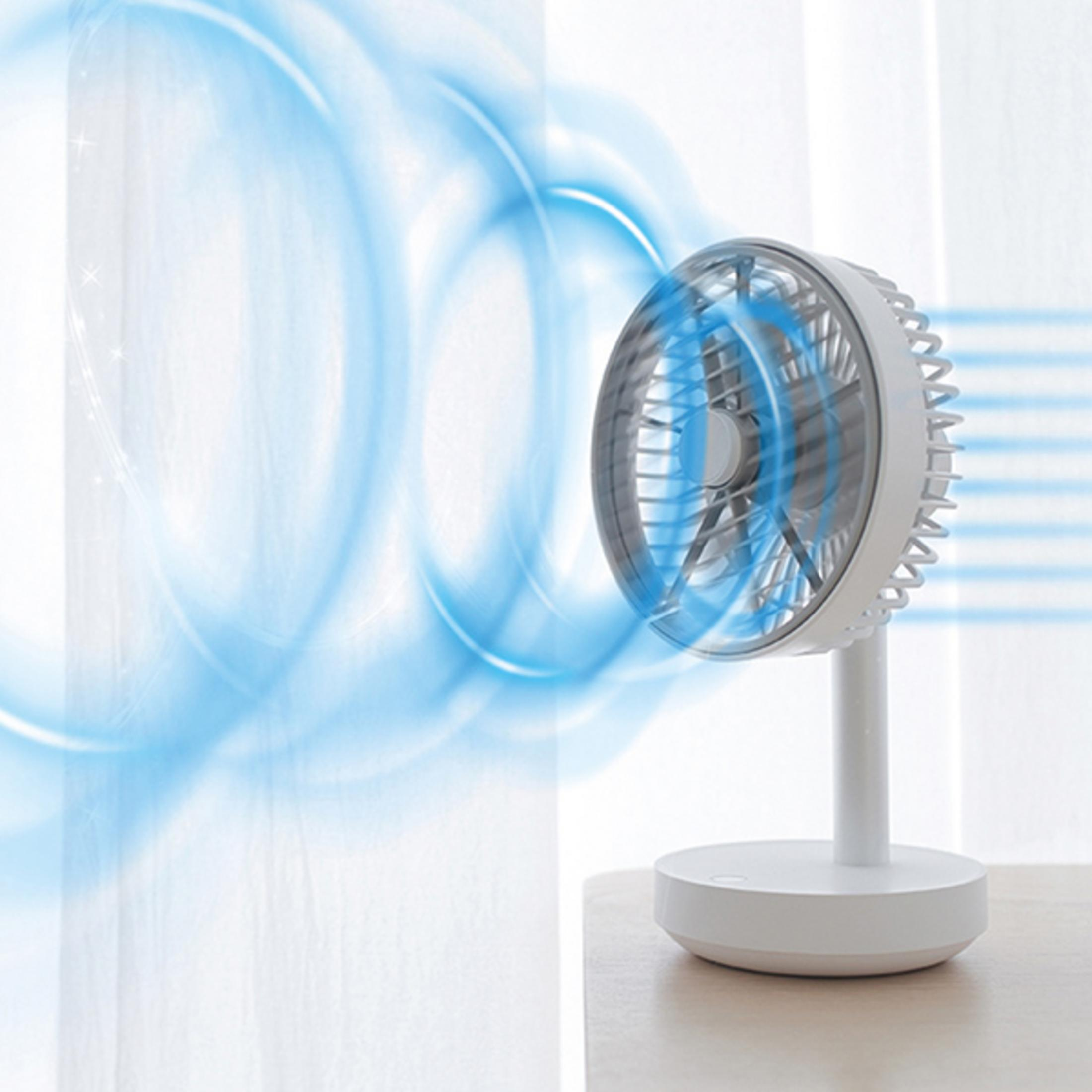 Ein weißer Tischventilator mit blauen Luftströmen, die sich nach links ausbreiten.