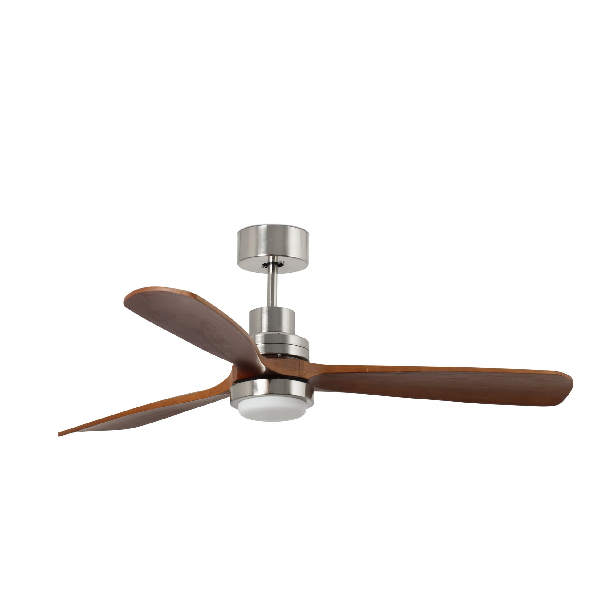 Un ventilatore da soffitto con tre pale in legno e una luce LED integrata.