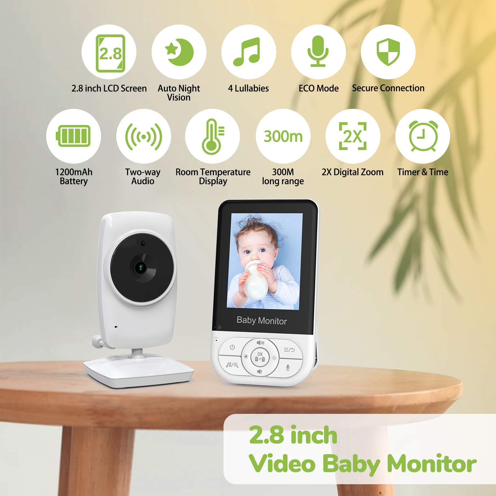 Ein weißer Baby Monitor mit Kamera und Bildschirm, der ein Baby zeigt. Funktionen sind aufgelistet.