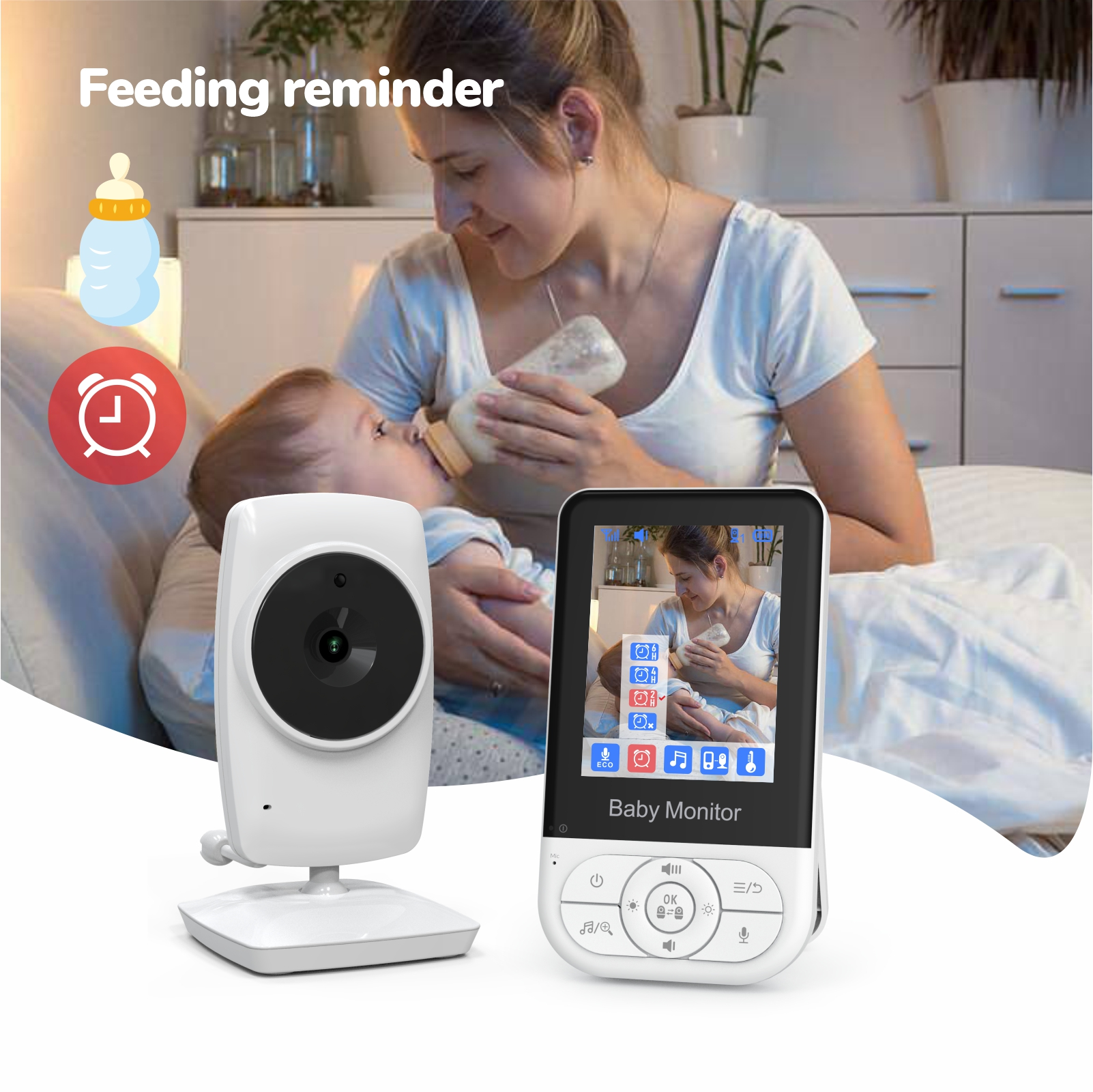 Mutter füttert Baby mit Flaschen; Babyphone-Kamera und -Monitor.