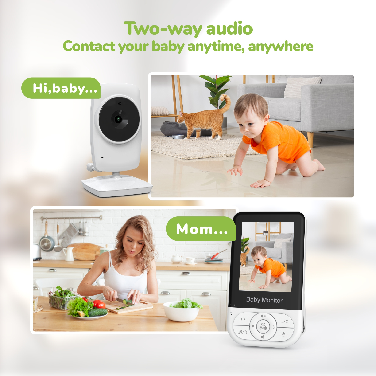 Babyphone-Ansicht: Baby krabbelt, Katze, Mutter kocht. Text: Zwei-Wege-Audio.