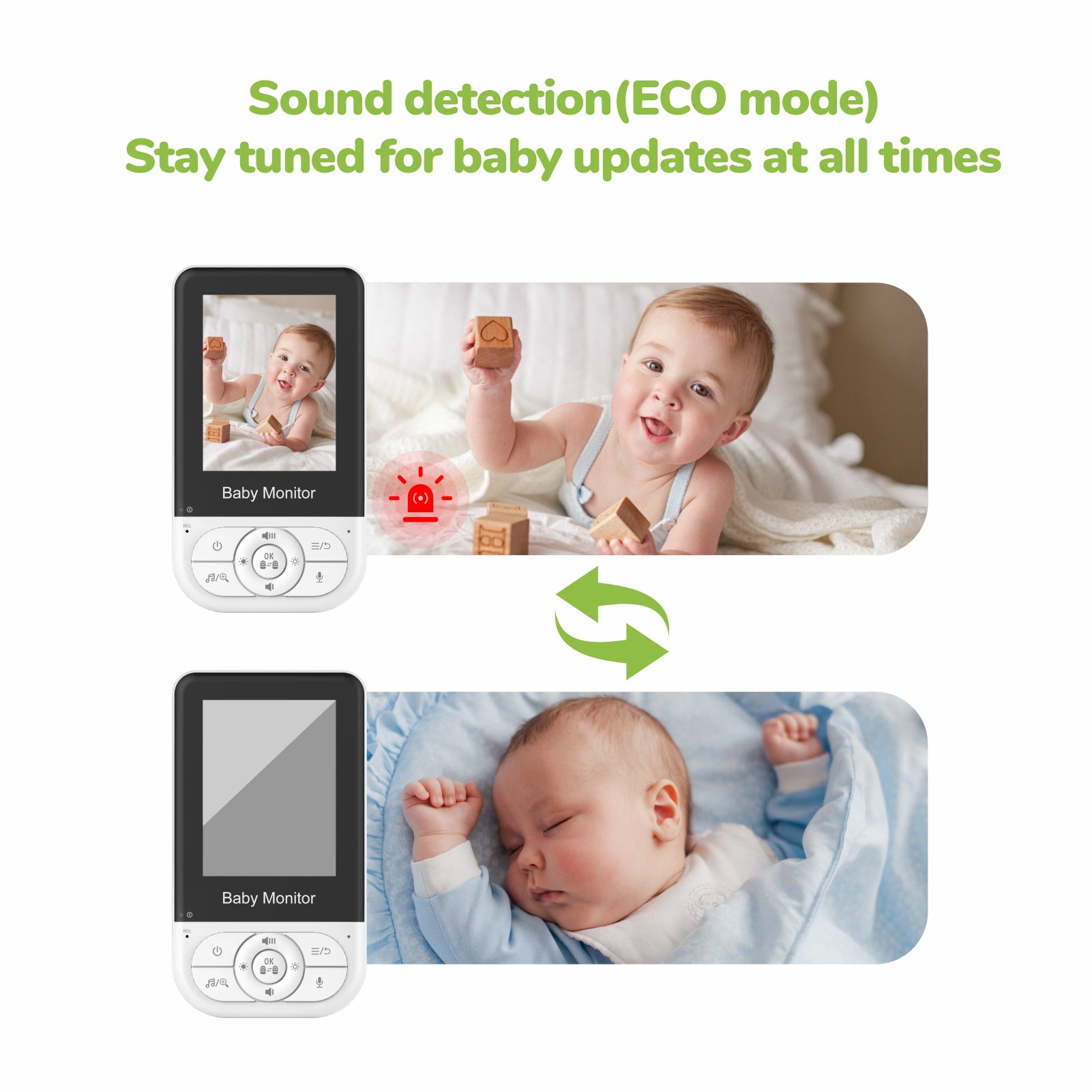Baby monitor zeigt Baby wach und schlafend. ECO-Modus.