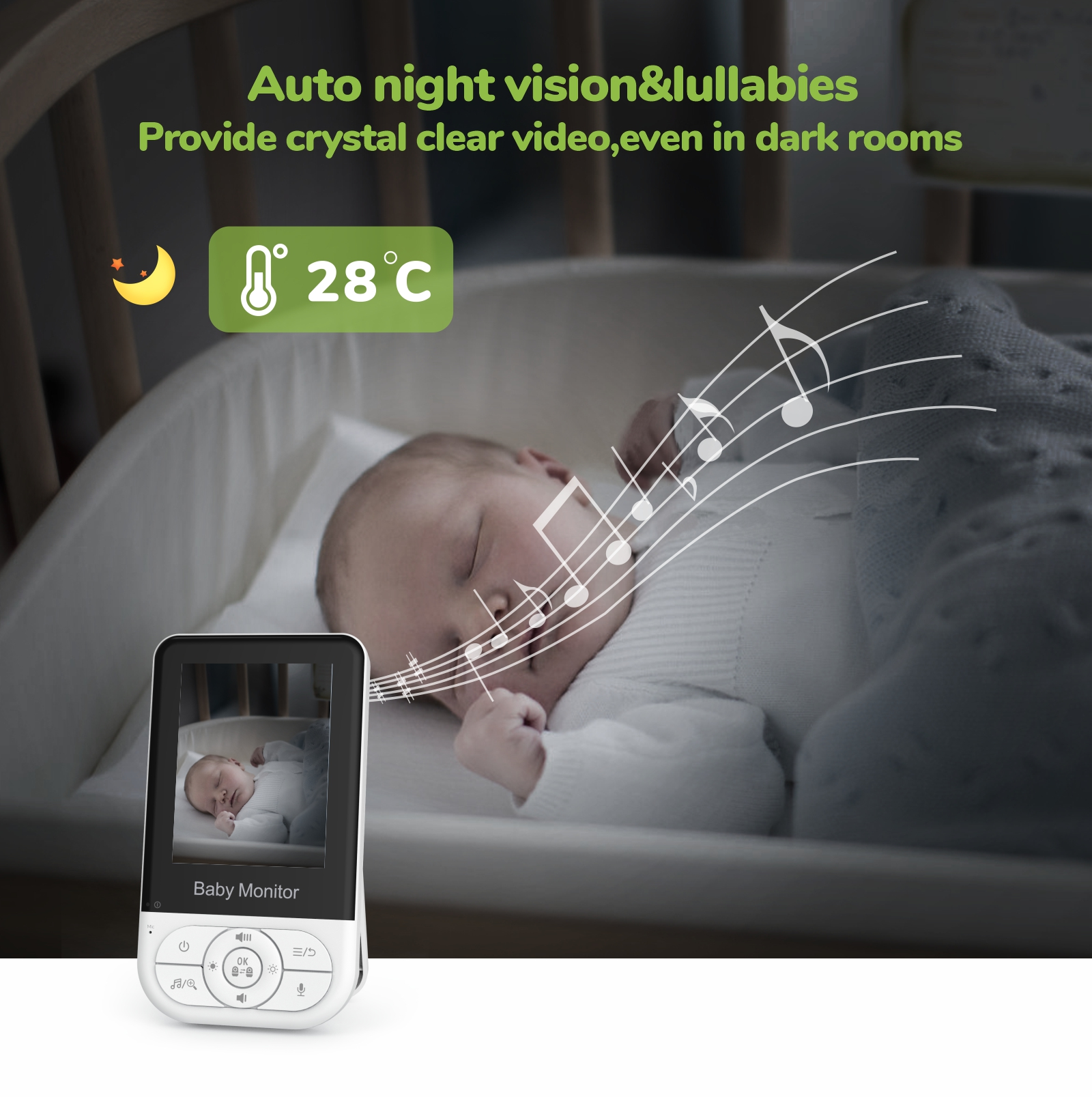 Babyphone zeigt Baby im Bett, mit Temperatur und Noten. Auto-Nachtsicht.