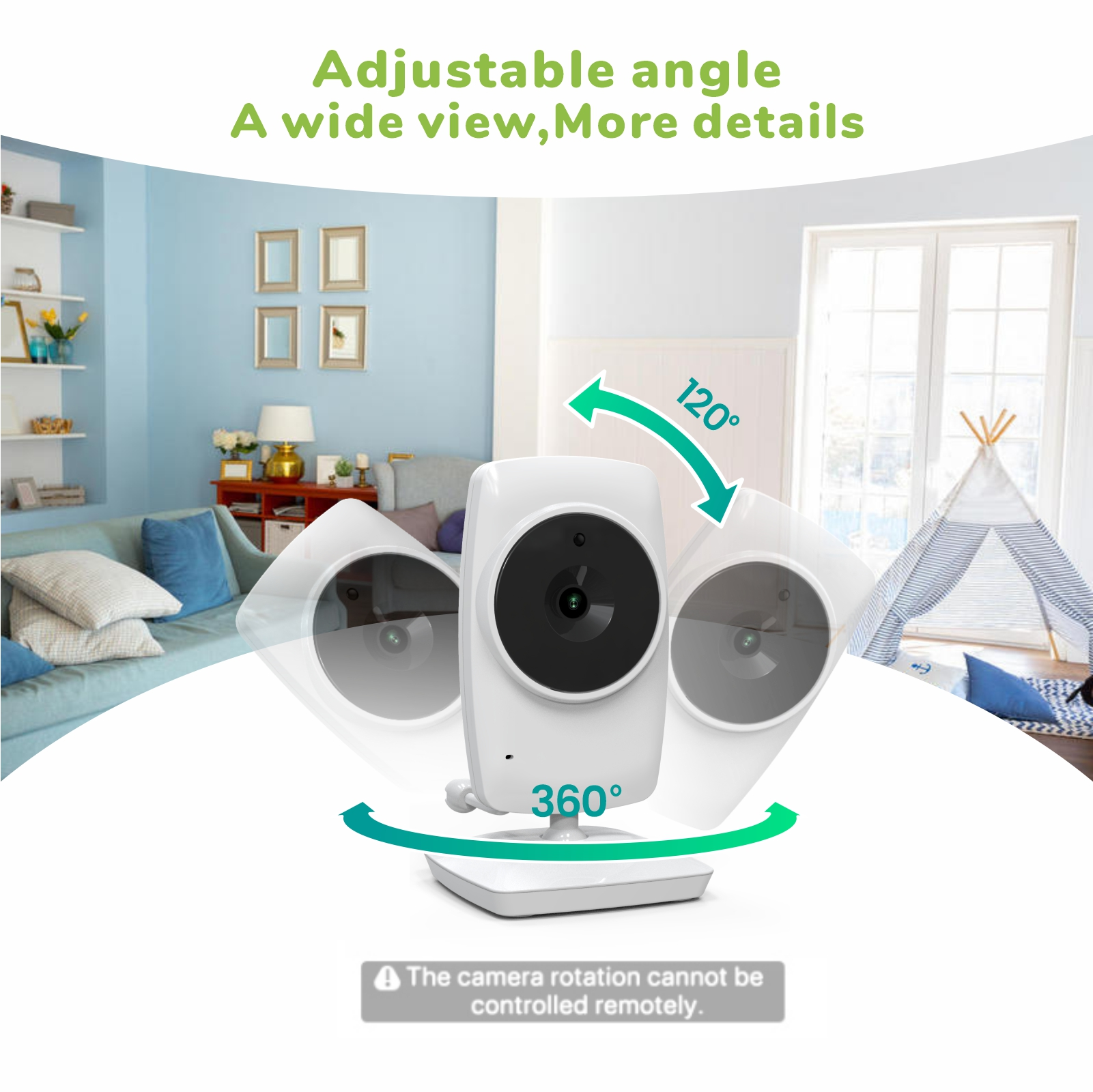Ein weißer Baby Monitor mit schwenkbarem Kopf in einem Wohnzimmer.