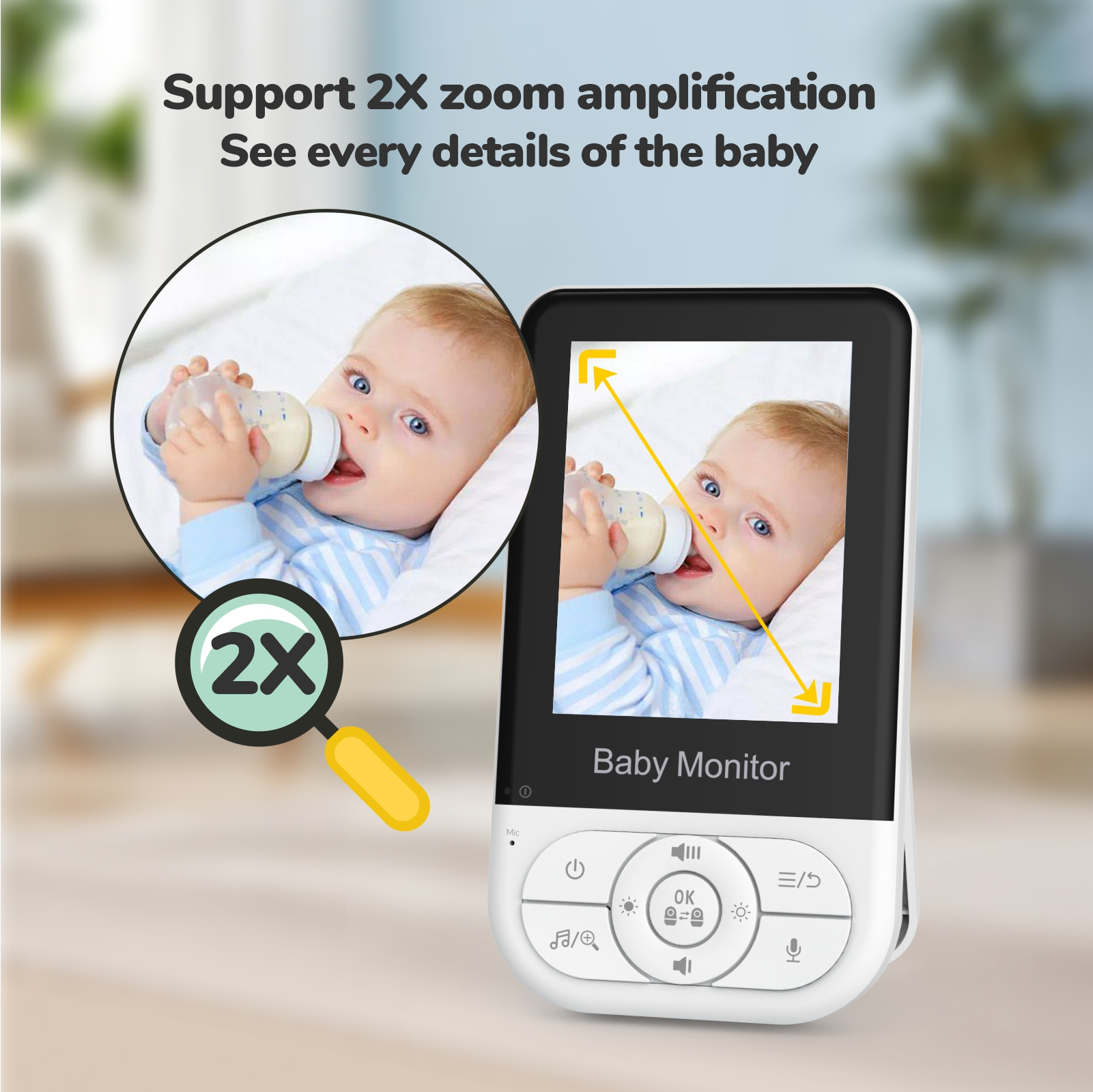 Ein Baby trinkt aus einer Flasche, Babyphone mit Zoomfunktion und Lupe.
