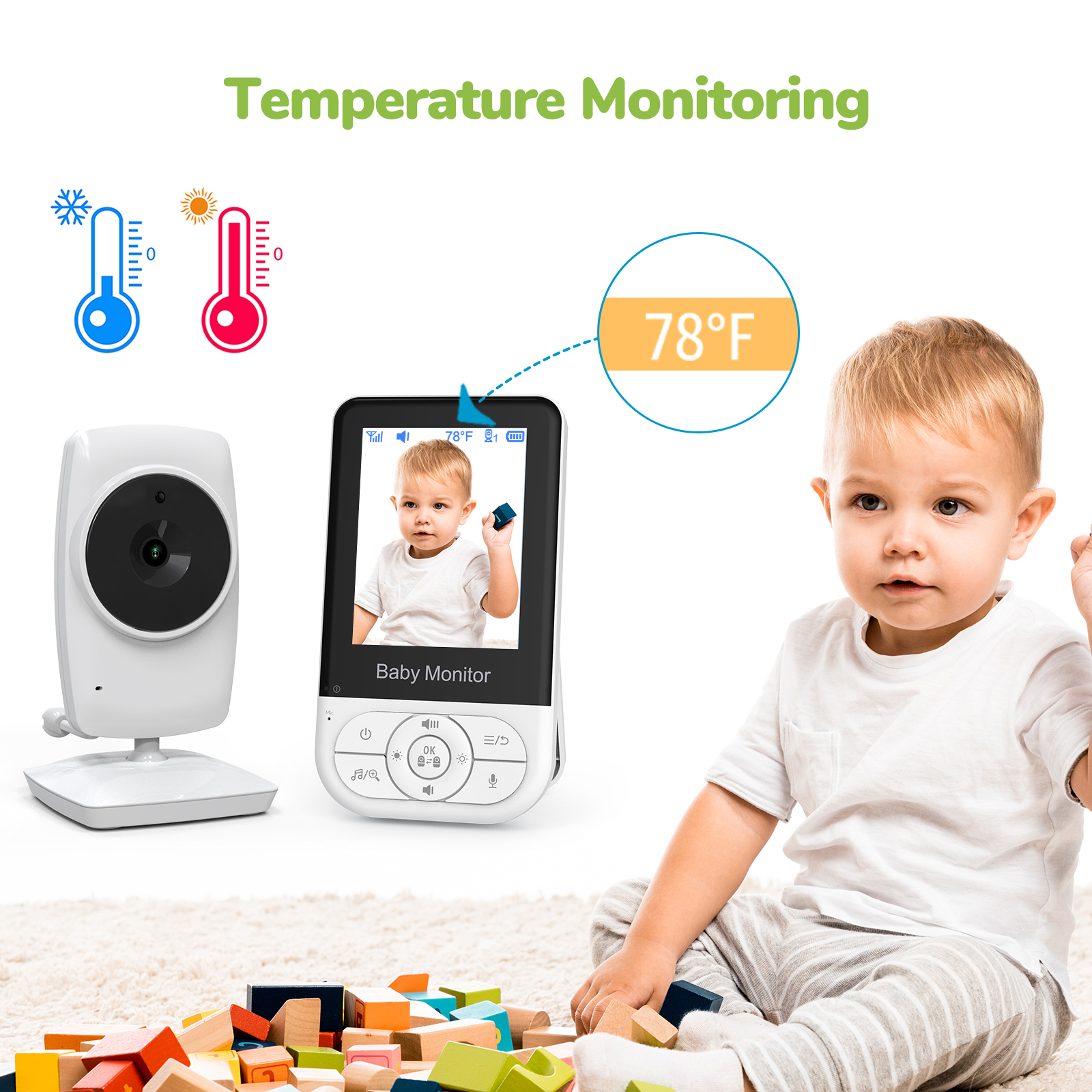 Ein Babyfon zeigt ein Baby, Temperatur 78°F. Daneben eine Kamera.