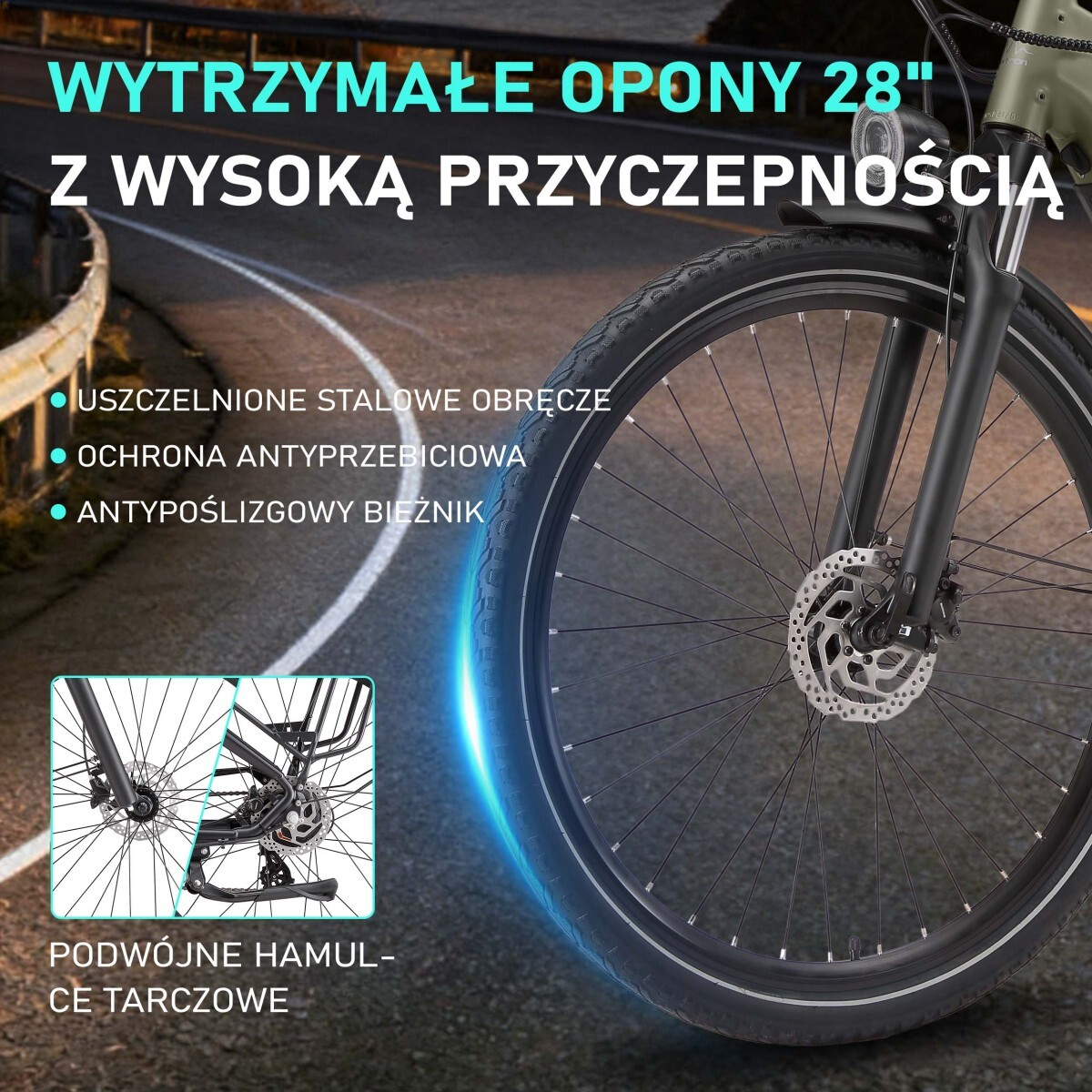 Rower z oponami 28 cali, podwójnymi hamulcami tarczowymi i stalowymi obręczami.