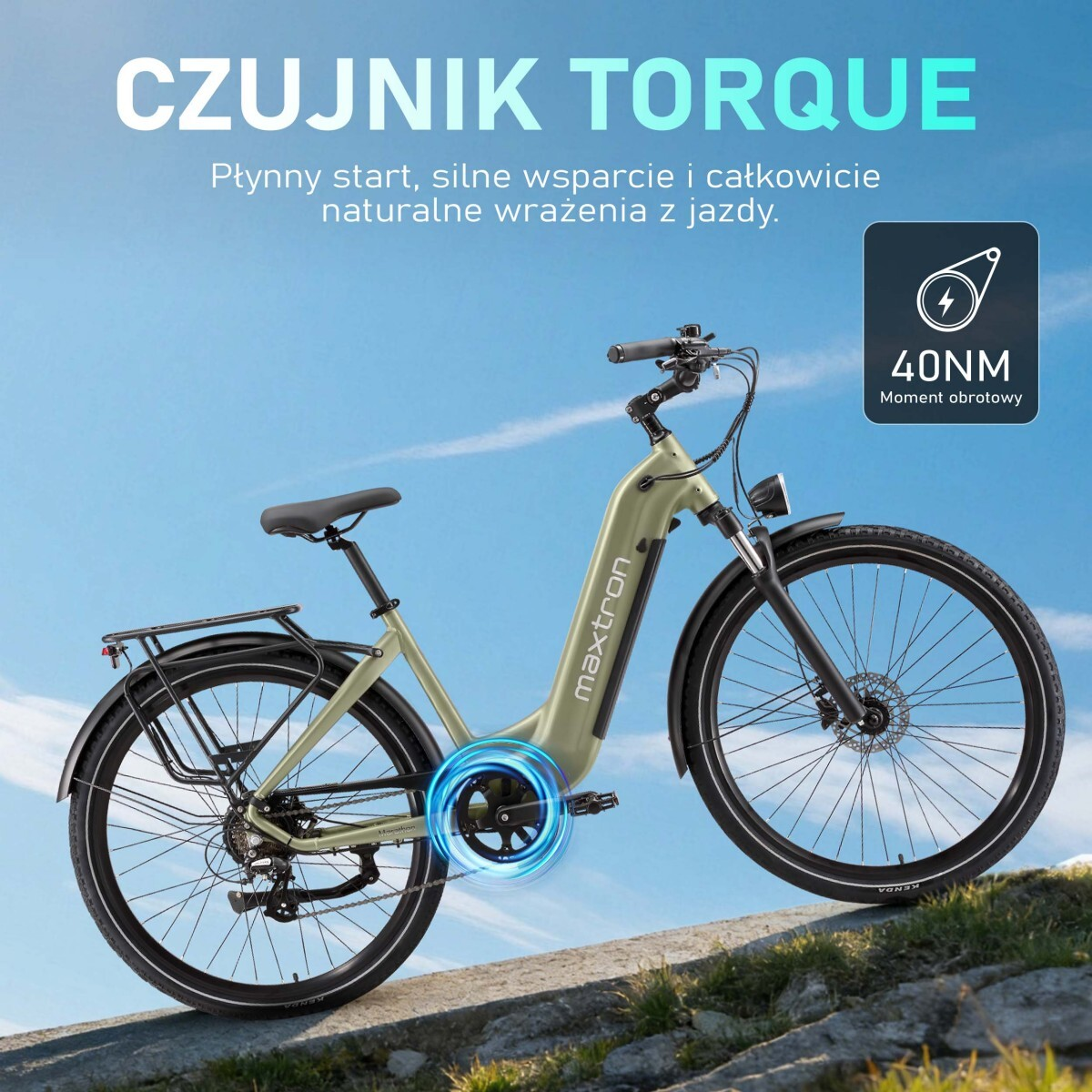 Beżowy rower elektryczny z bagażnikiem na zewnątrz, z tekstem o momencie obrotowym.