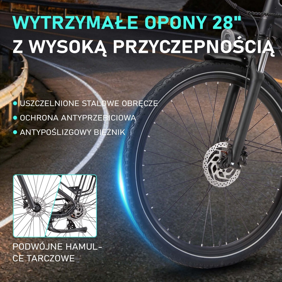 Zbliżenie opony rowerowej z hamulcami tarczowymi i tekstem.
