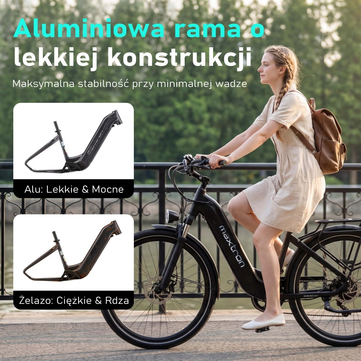 Kobieta jedzie na czarnym rowerze z aluminiową ramą. Po lewej stronie pokazano dwie ramy rowerowe.