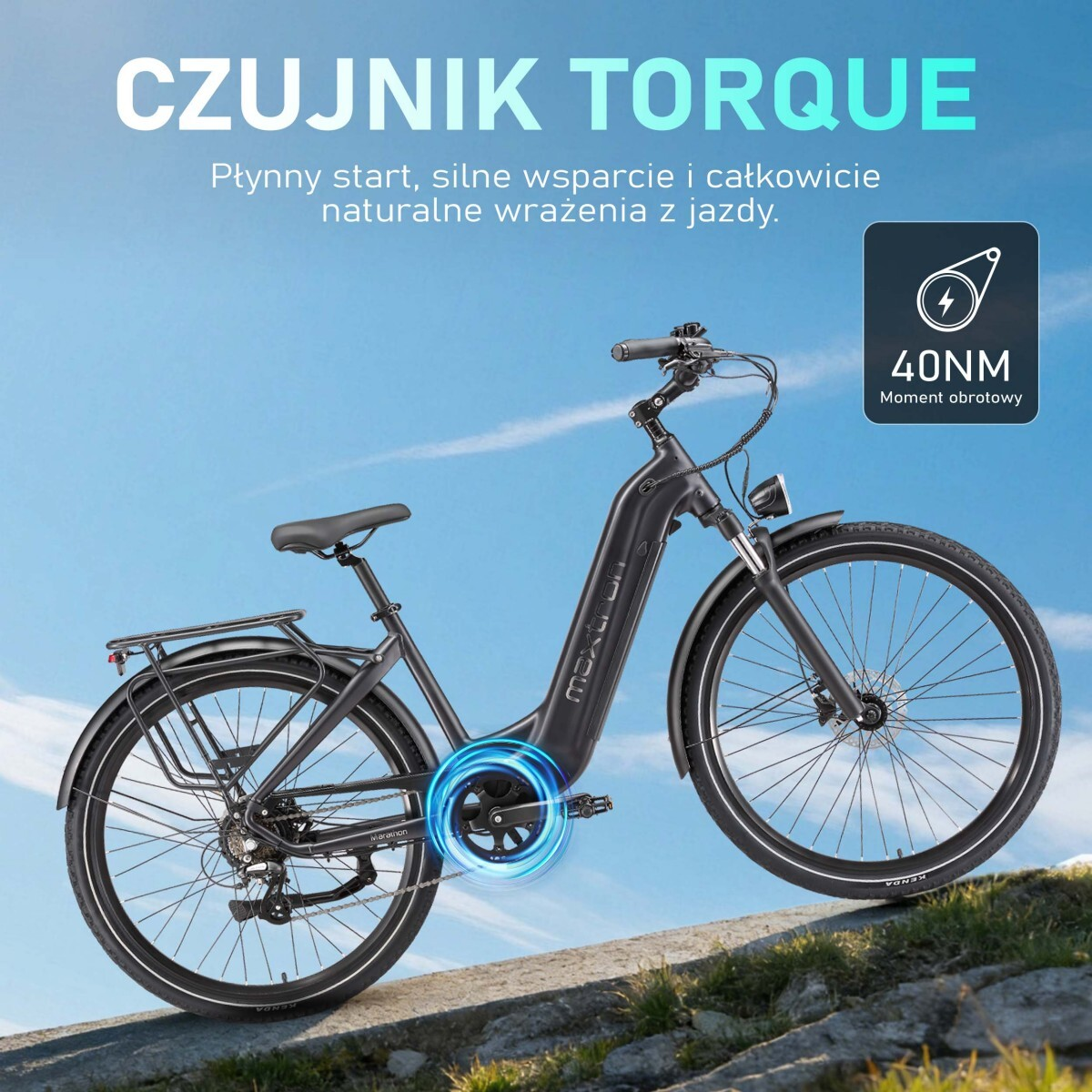 Czarny rower elektryczny z momentem obrotowym 40NM, na tle nieba.