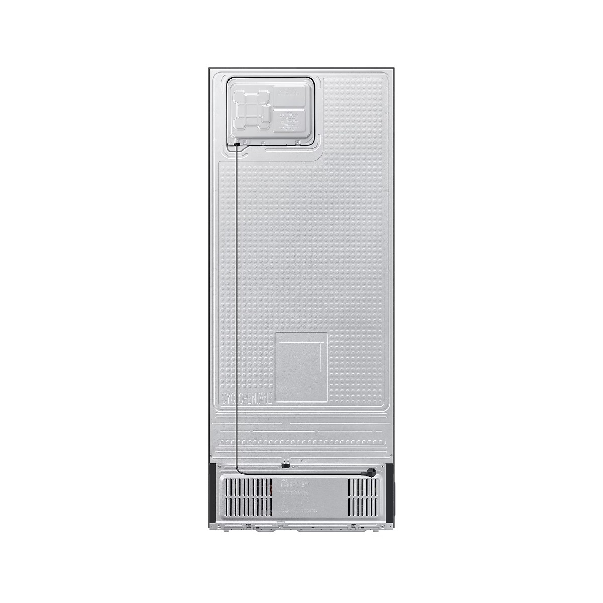Parte trasera de un refrigerador con panel metálico plateado y rejillas abajo.