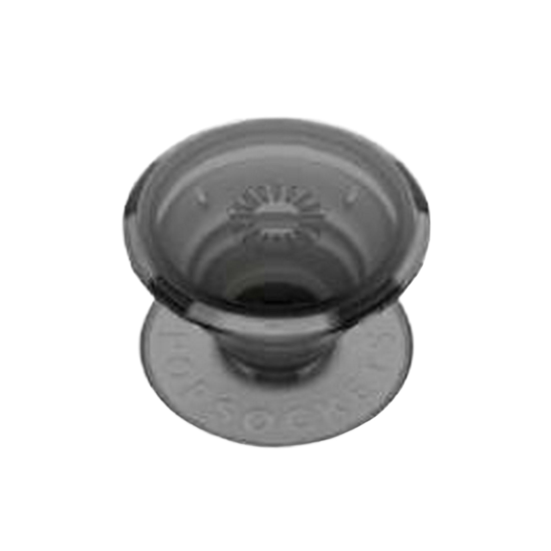Un Popsocket grigio trasparente con un design a raggiera all'interno.