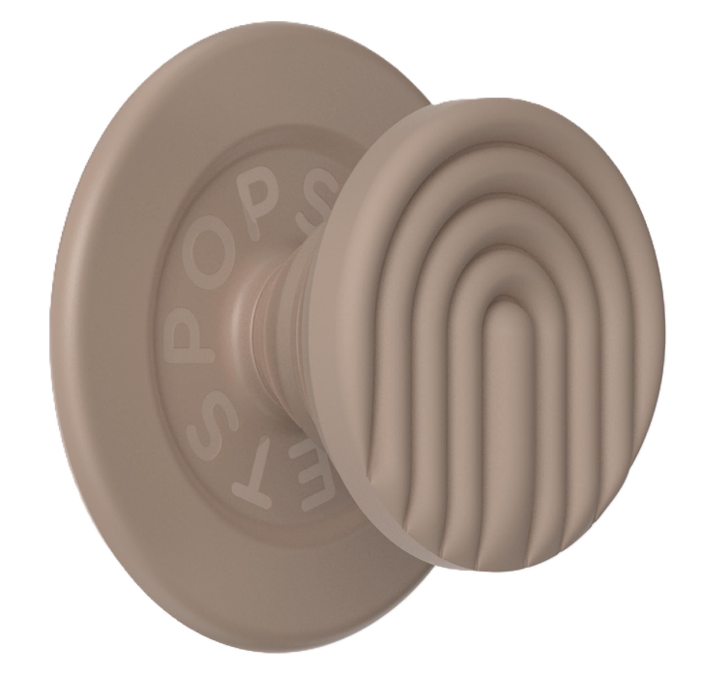 Un PopSocket color tortora con design arcobaleno a coste e logo in rilievo.