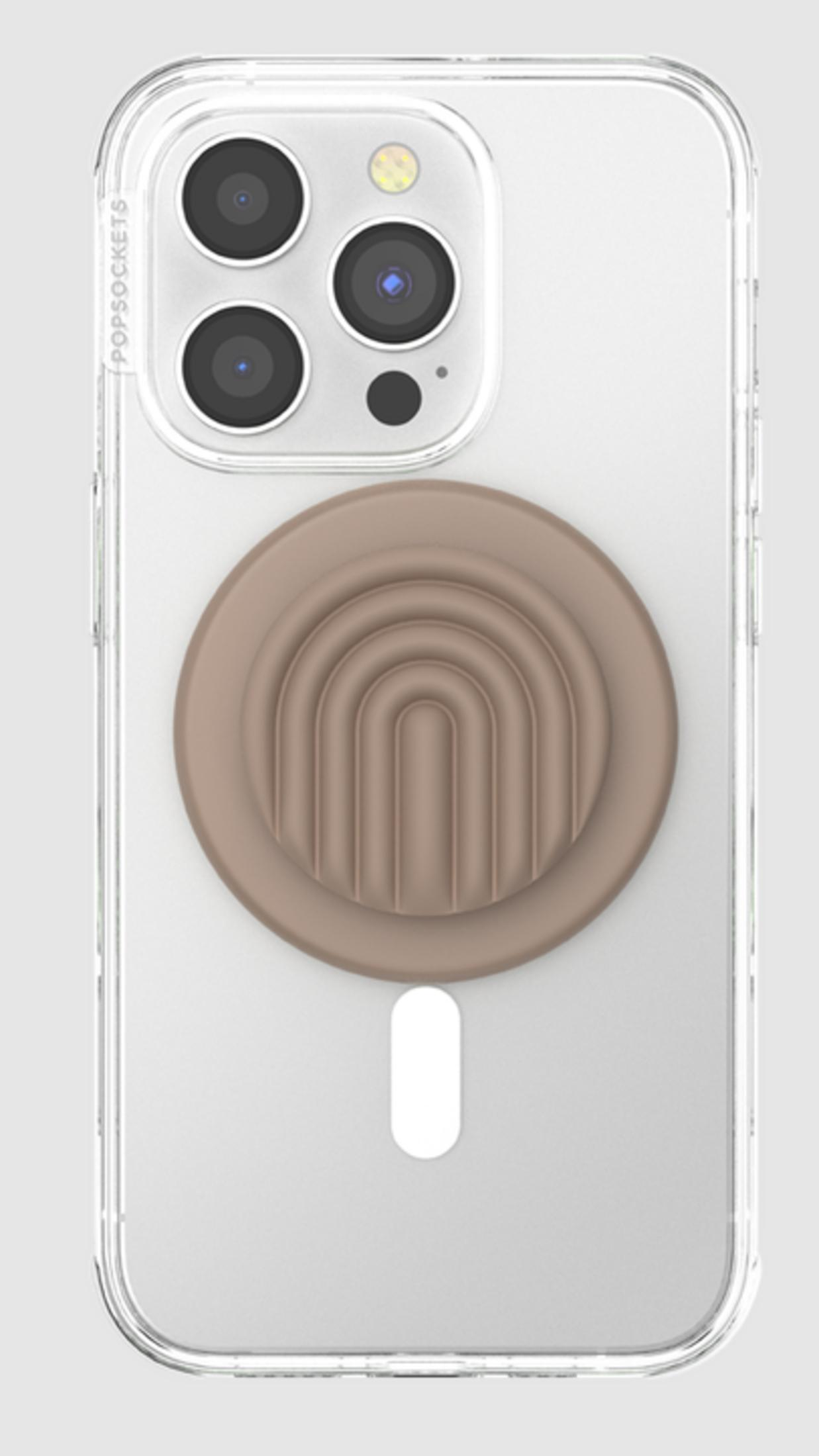 Custodia trasparente per telefono con PopSocket marrone scanalato.