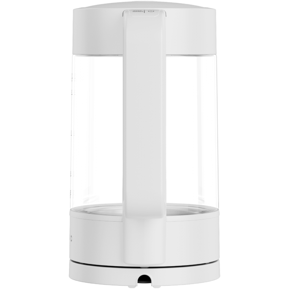 Biały czajnik z przezroczystym korpusem i uchwytem.