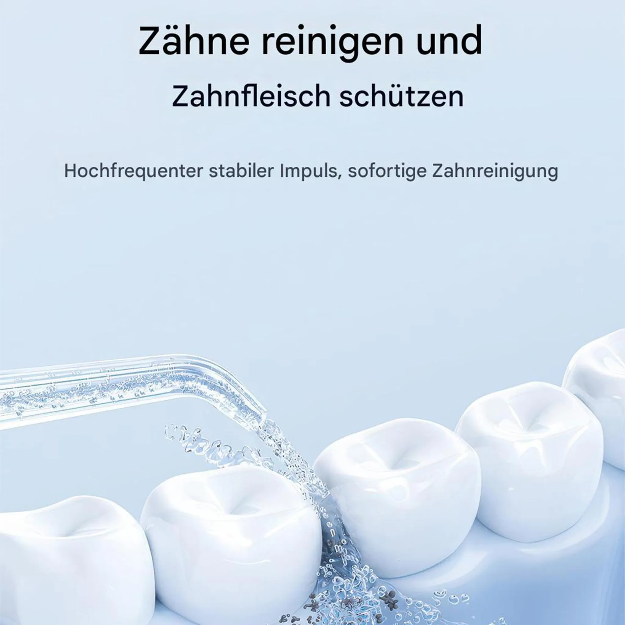 Wasserstrahl reinigt weiße Zähne mit feinen Bläschen auf blauem Hintergrund.