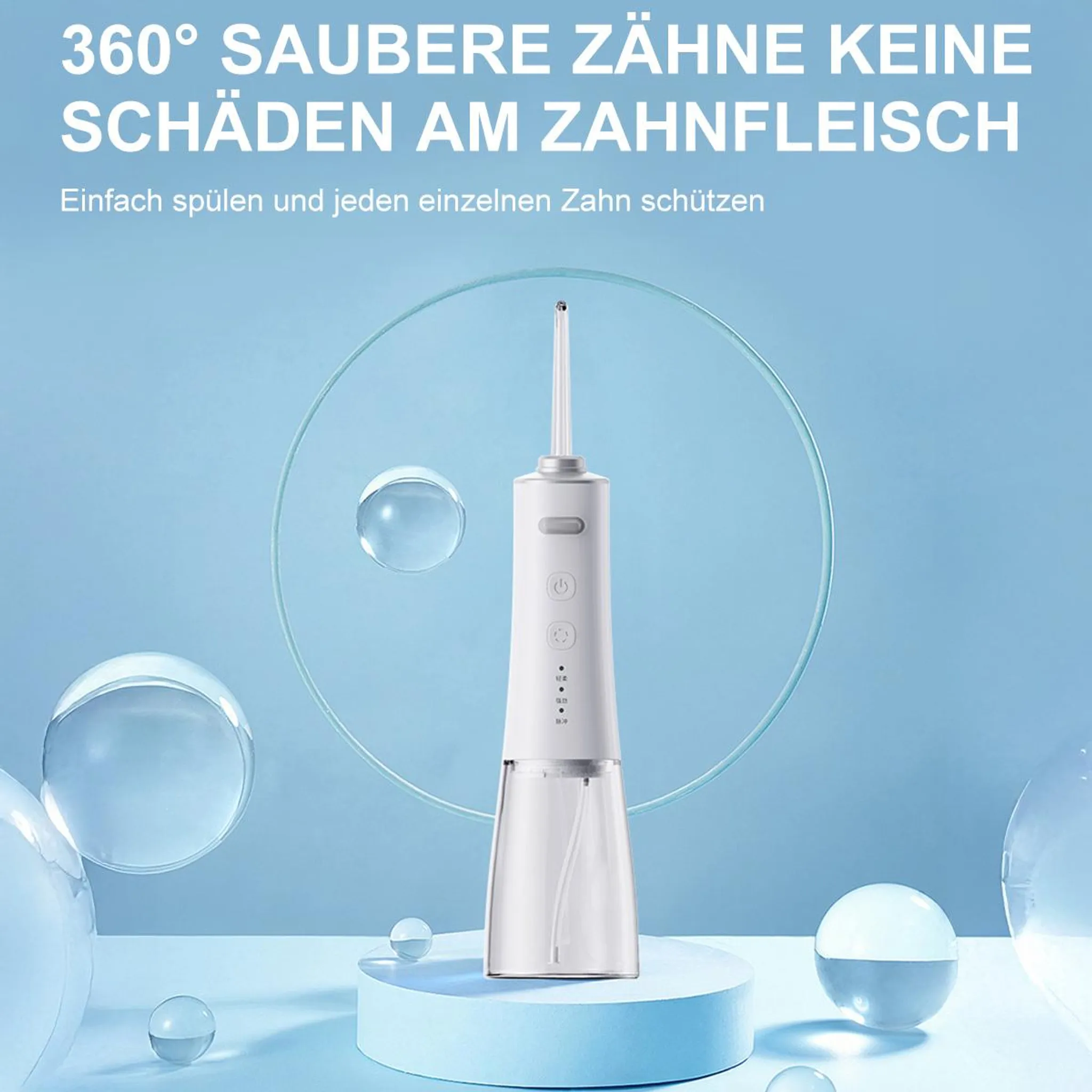 Ein weißer elektrischer Zahnreiniger mit Zubehör auf blauem Hintergrund.