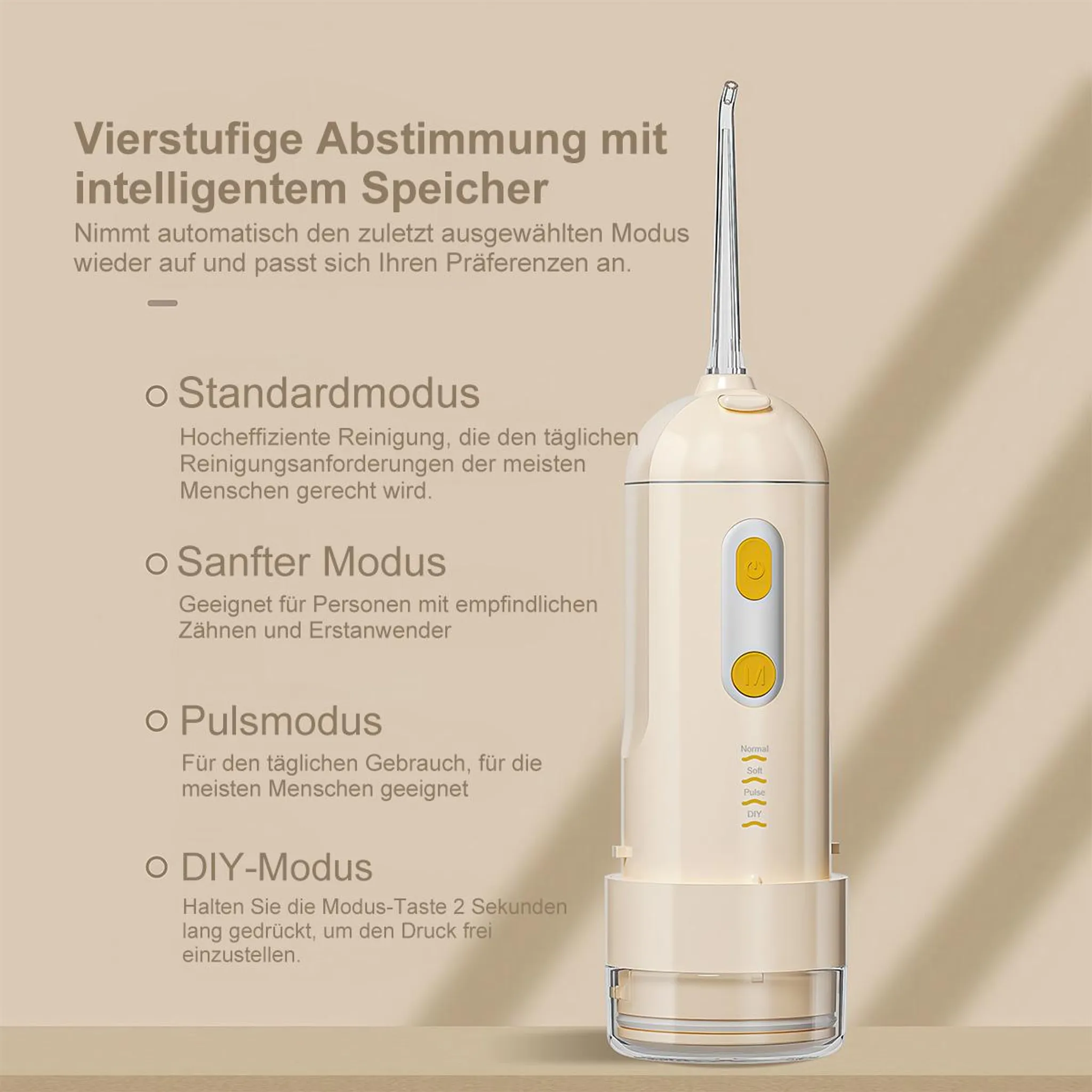 Ein beigefarbener elektrischer Zahnreiniger mit verschiedenen Modi: Normal, Soft, Pulse, DIY.
