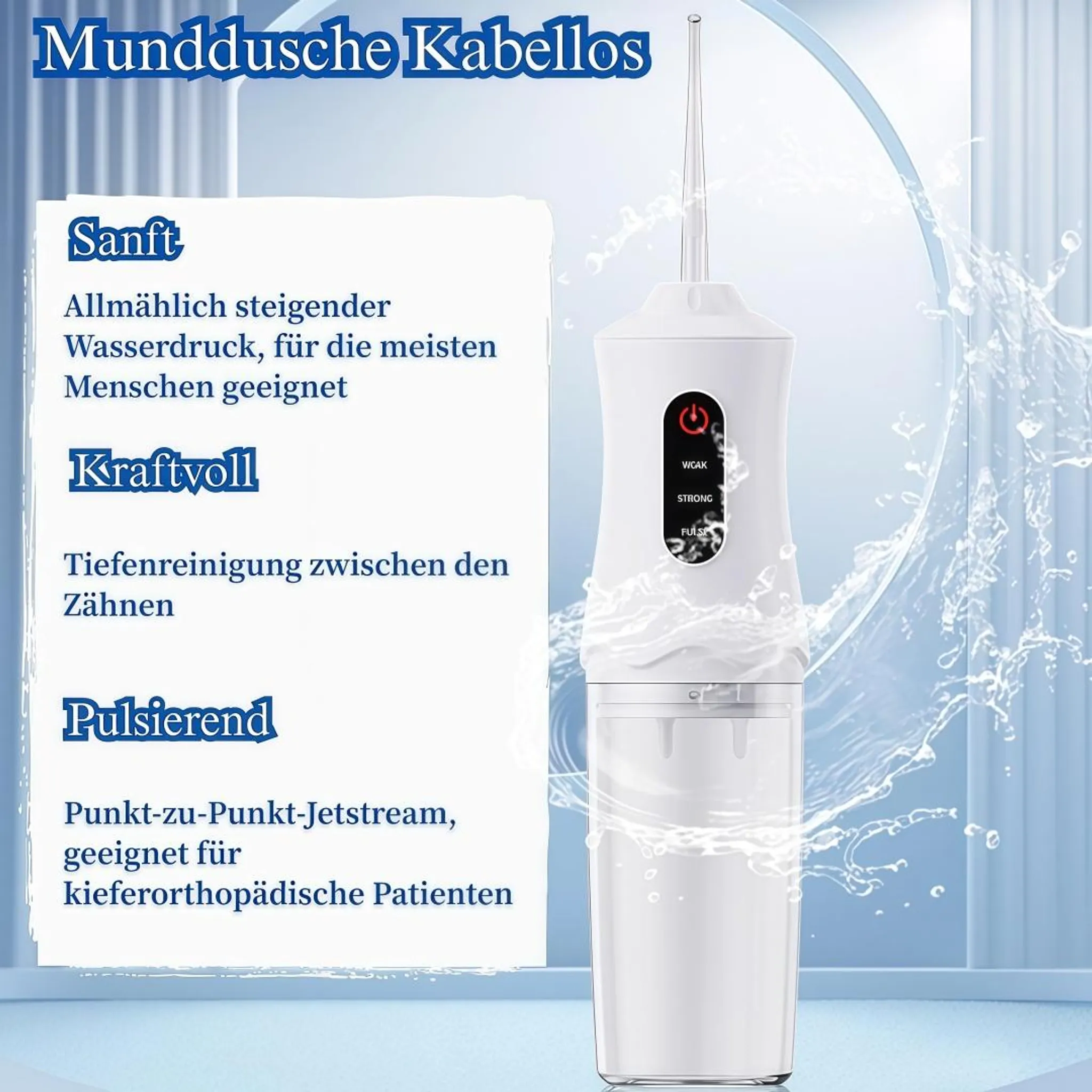 Ein weißes Mundduschegerät mit Wasserstrahlen und deutschen Textbeschreibungen.