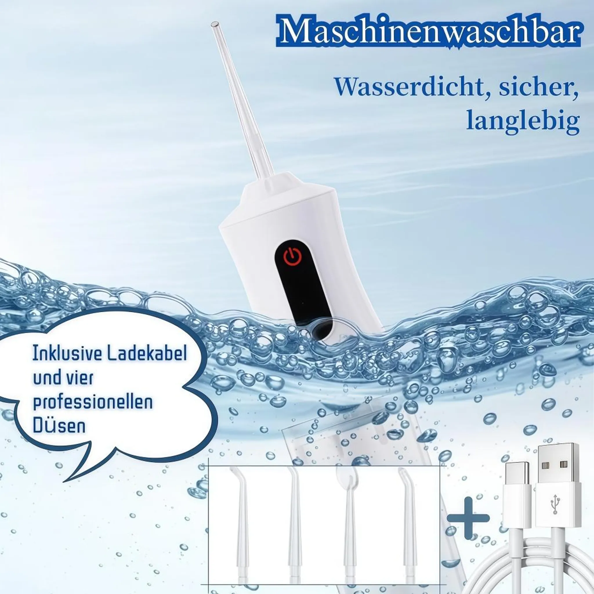 Ein weißes Mundstück mit einem roten Power-Button taucht aus Wasser auf.