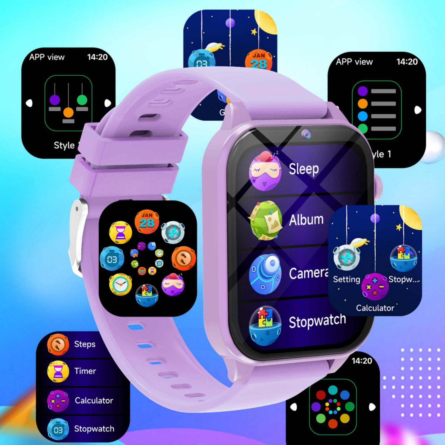 Ein lila Smartwatch mit verschiedenen App-Vorschauen und Menüs.