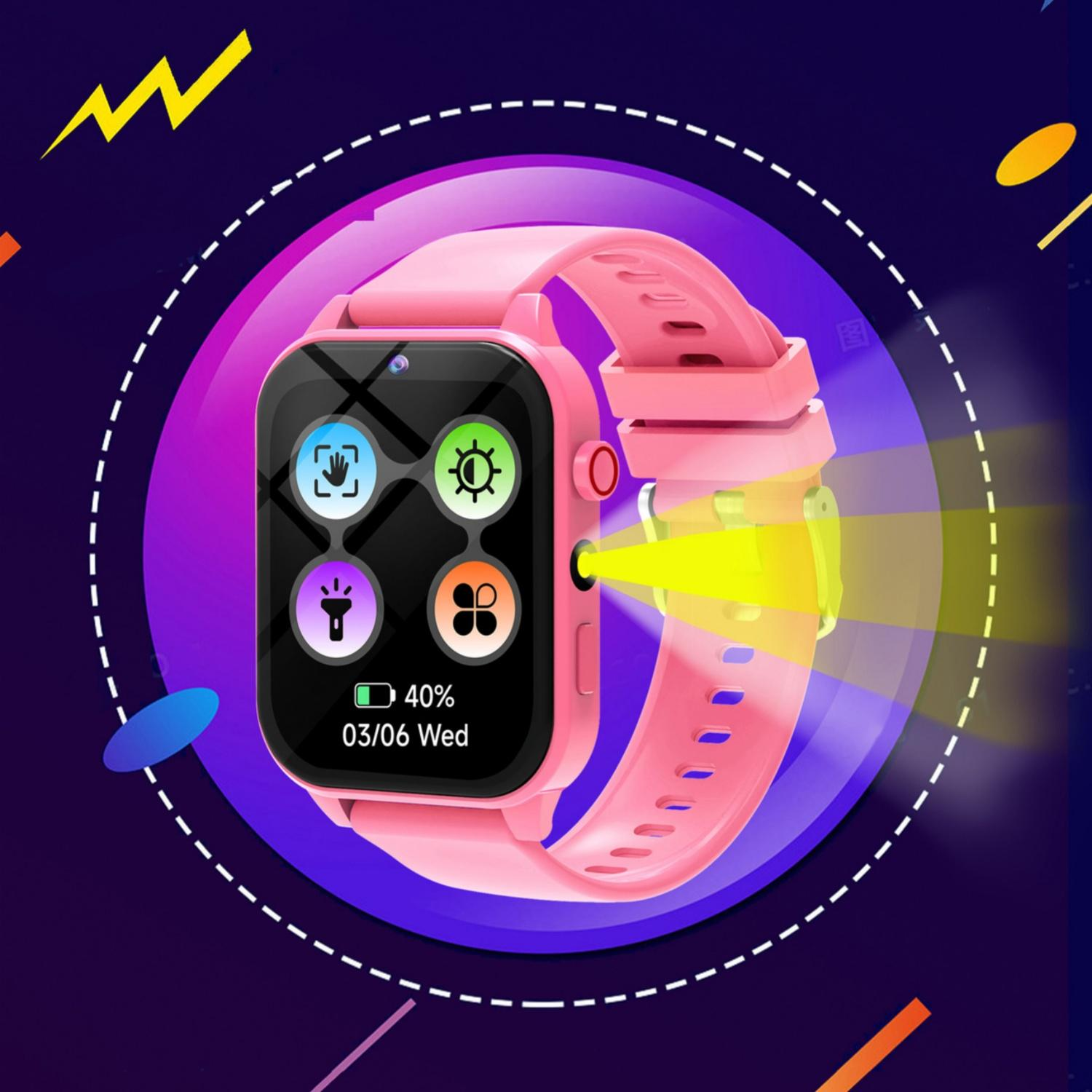 Eine rosafarbene Smartwatch mit einem Farbdisplay, das Symbole und eine Uhrzeit anzeigt.