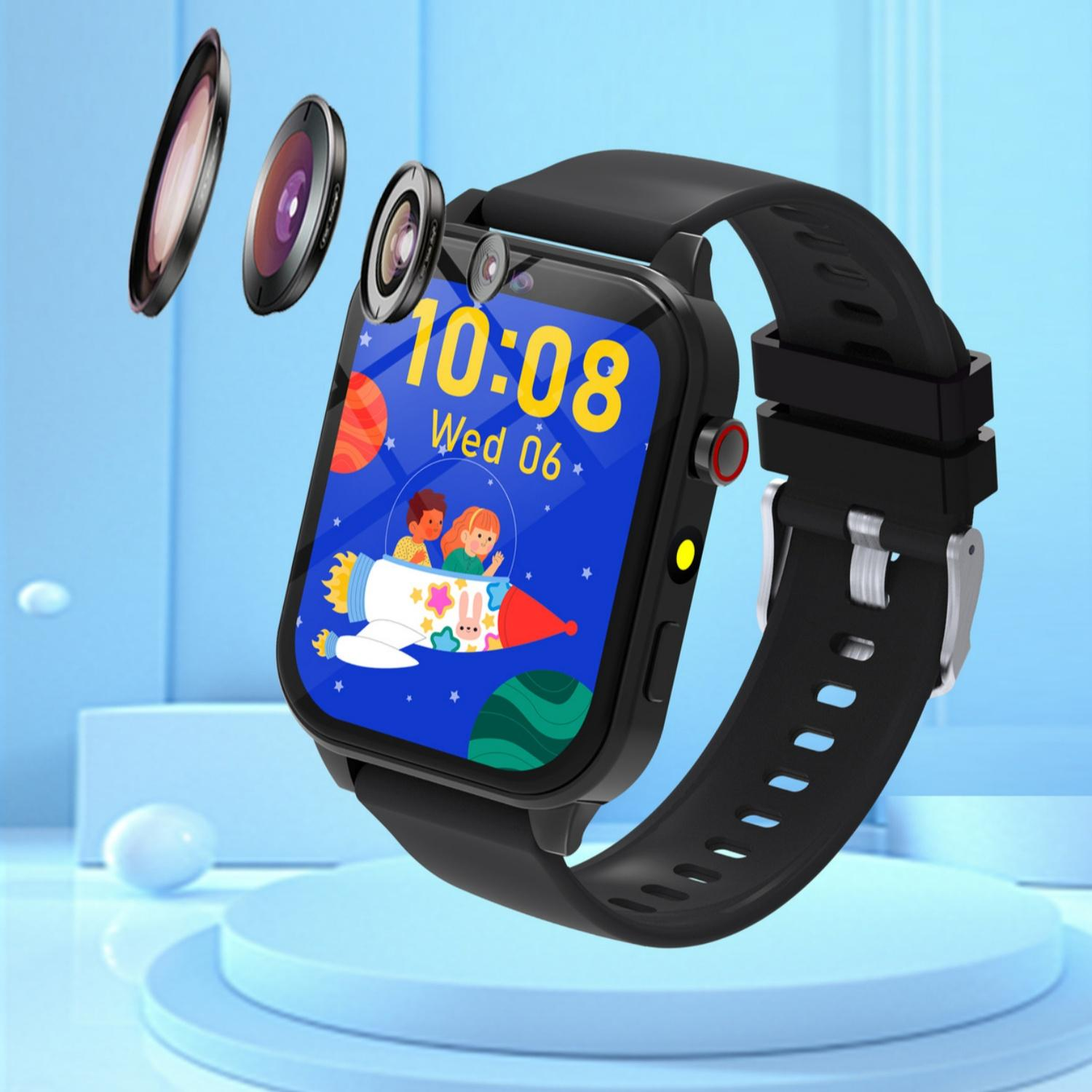 Eine Smartwatch mit einem bunten Display, das Kinder in einer Rakete zeigt.