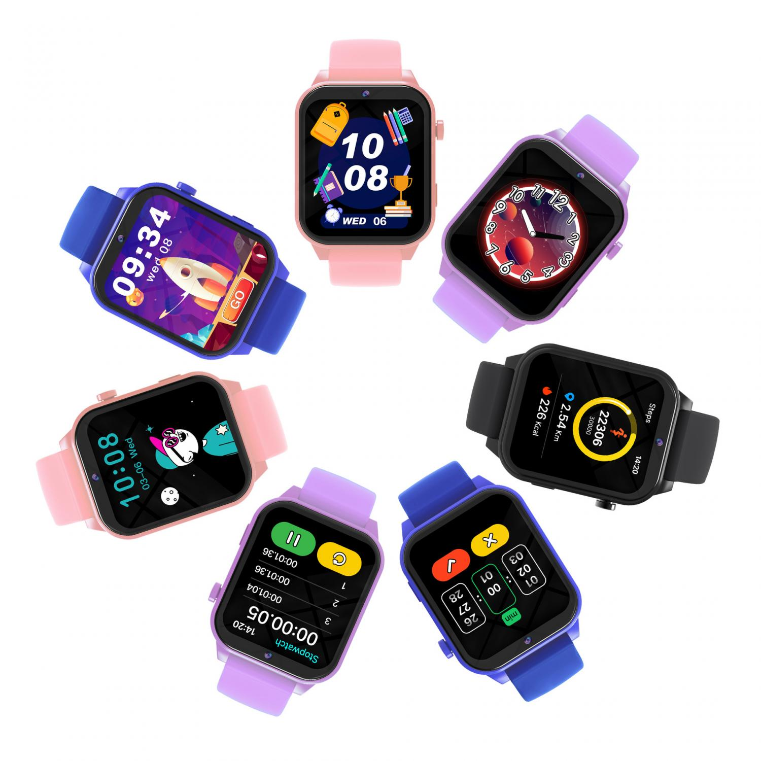 Mehrere bunte Smartwatches sind im Kreis angeordnet und zeigen verschiedene Zifferblätter.