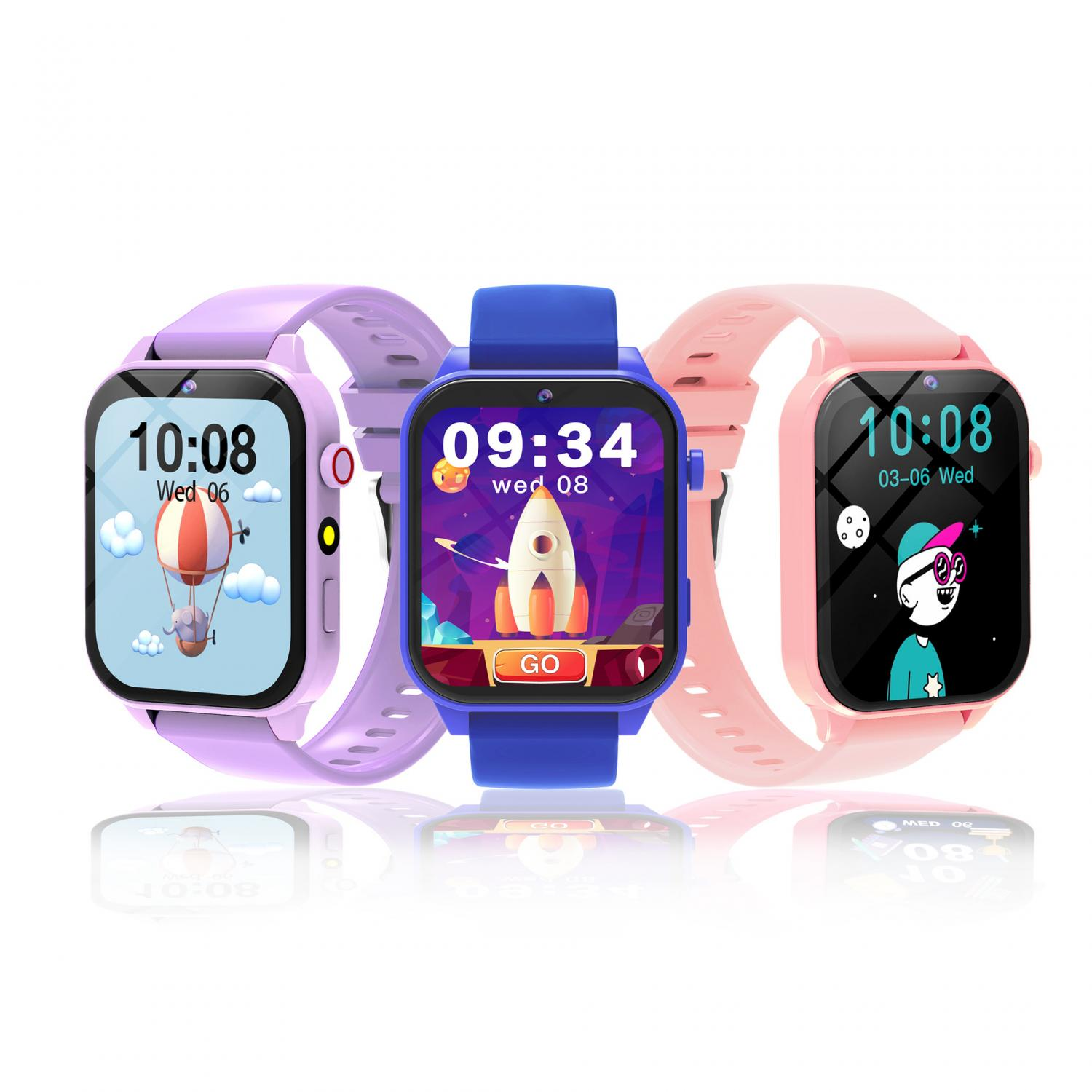 Drei Smartwatches in Lila, Blau und Pink mit cartoonartigen Zifferblättern.