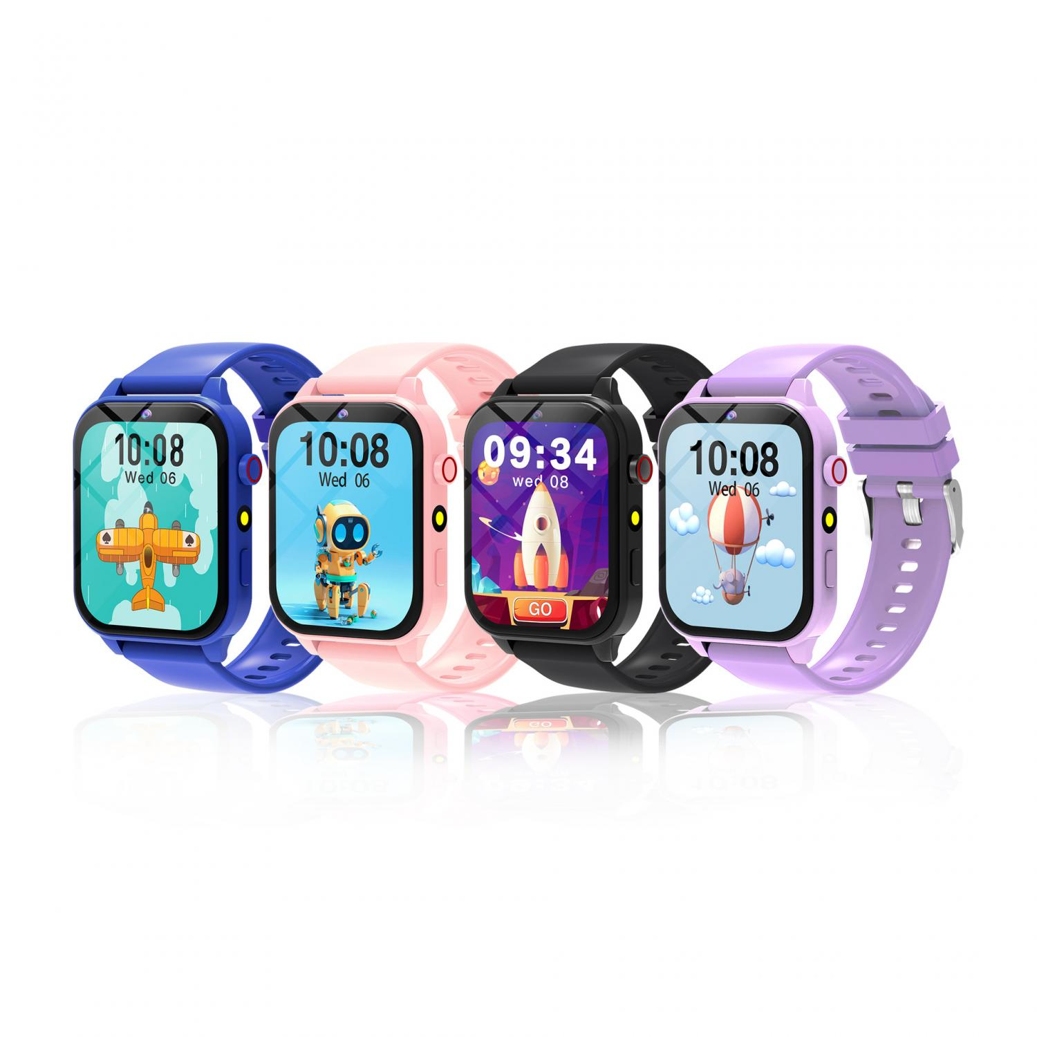 Vier Kinder-Smartwatches in Blau, Rosa, Schwarz und Lila mit bunten Zifferblättern.