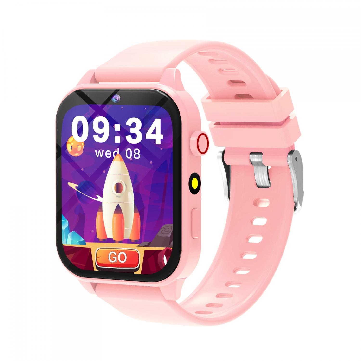 Eine rosafarbene Smartwatch mit Raketen-Displayzeit und einer GO-Schaltfläche.