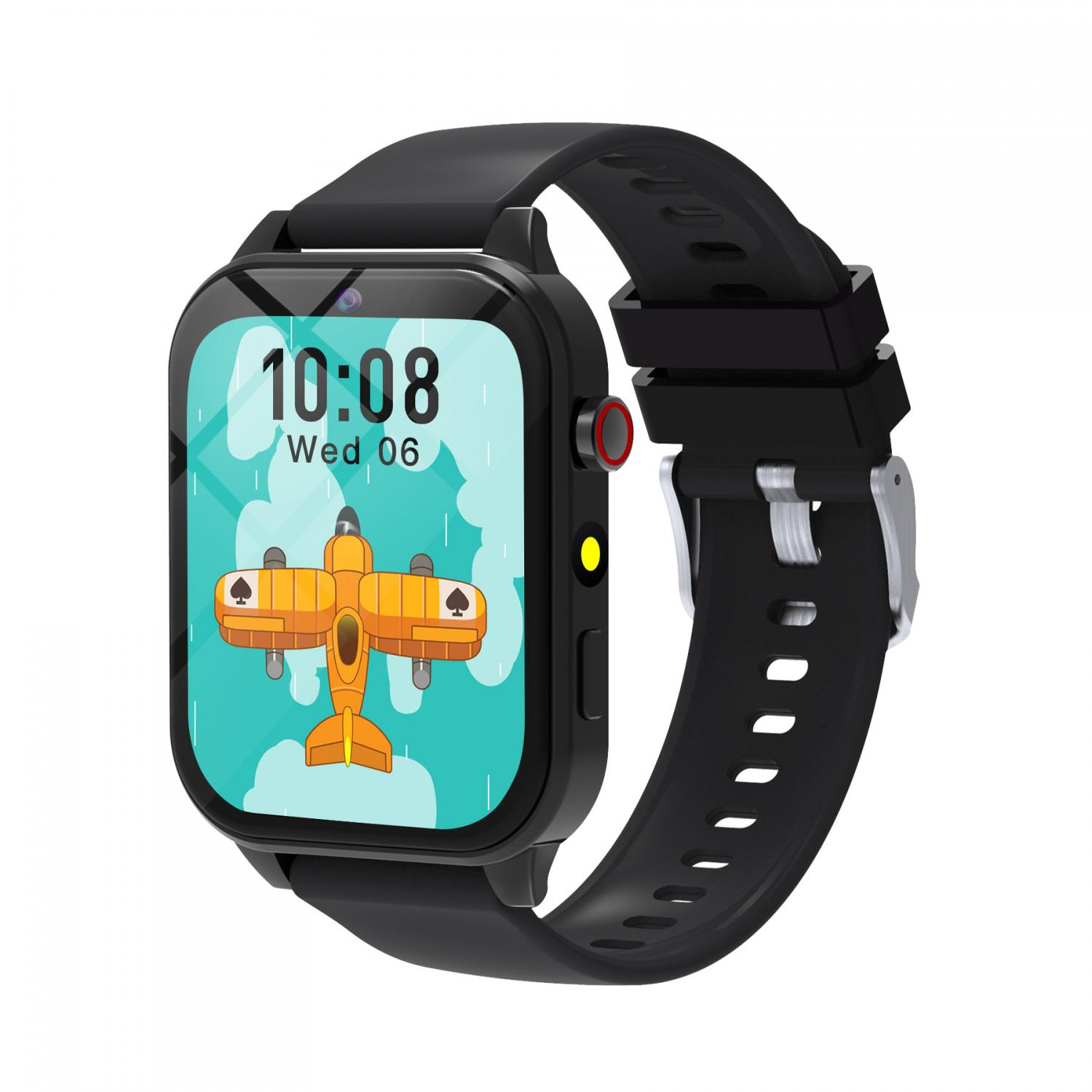 Schwarze Smartwatch mit Flugzeug-Zifferblatt und Wolken. Zeit 10:08.