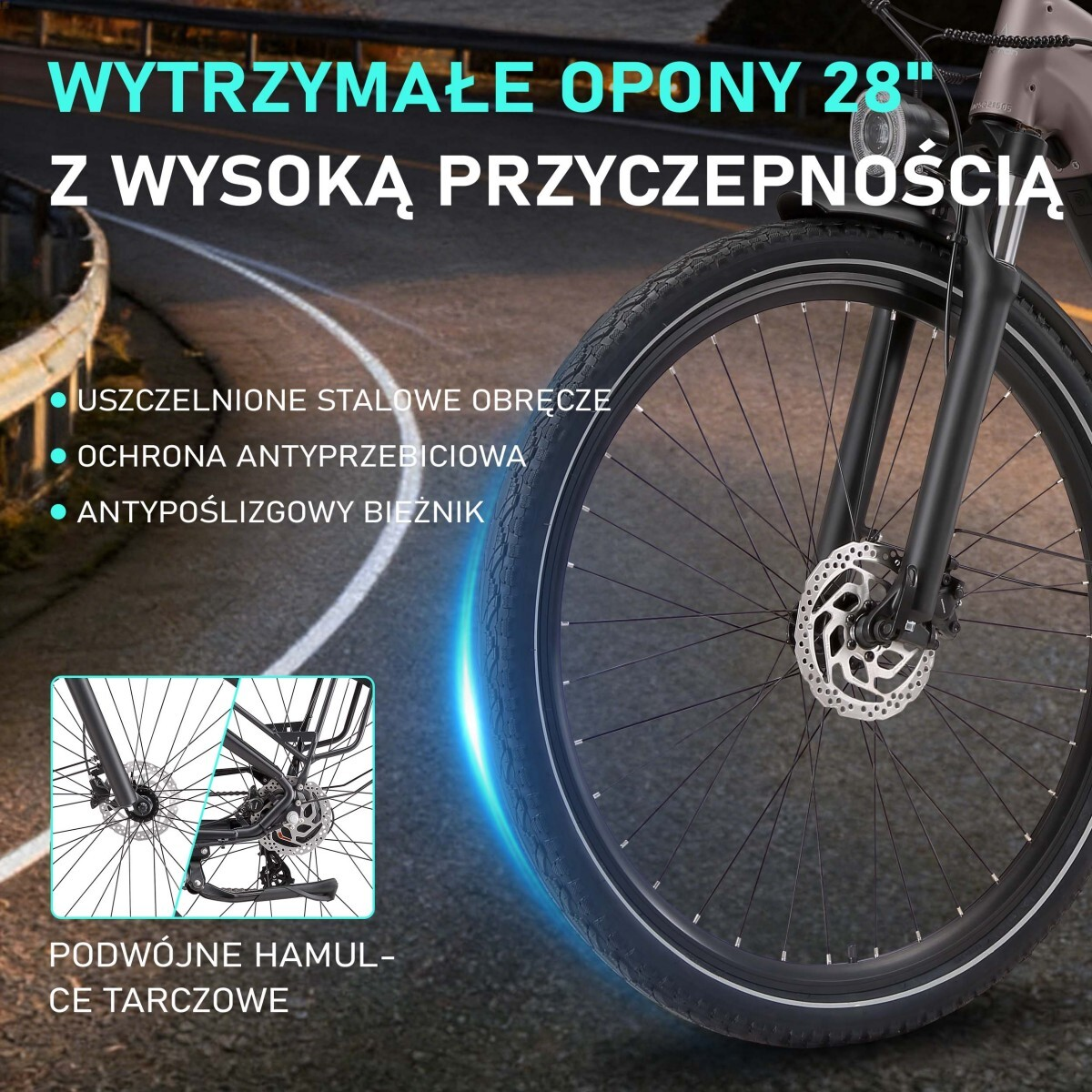 Zbliżenie na 28-calową oponę roweru, hamulce tarczowe i tekst.