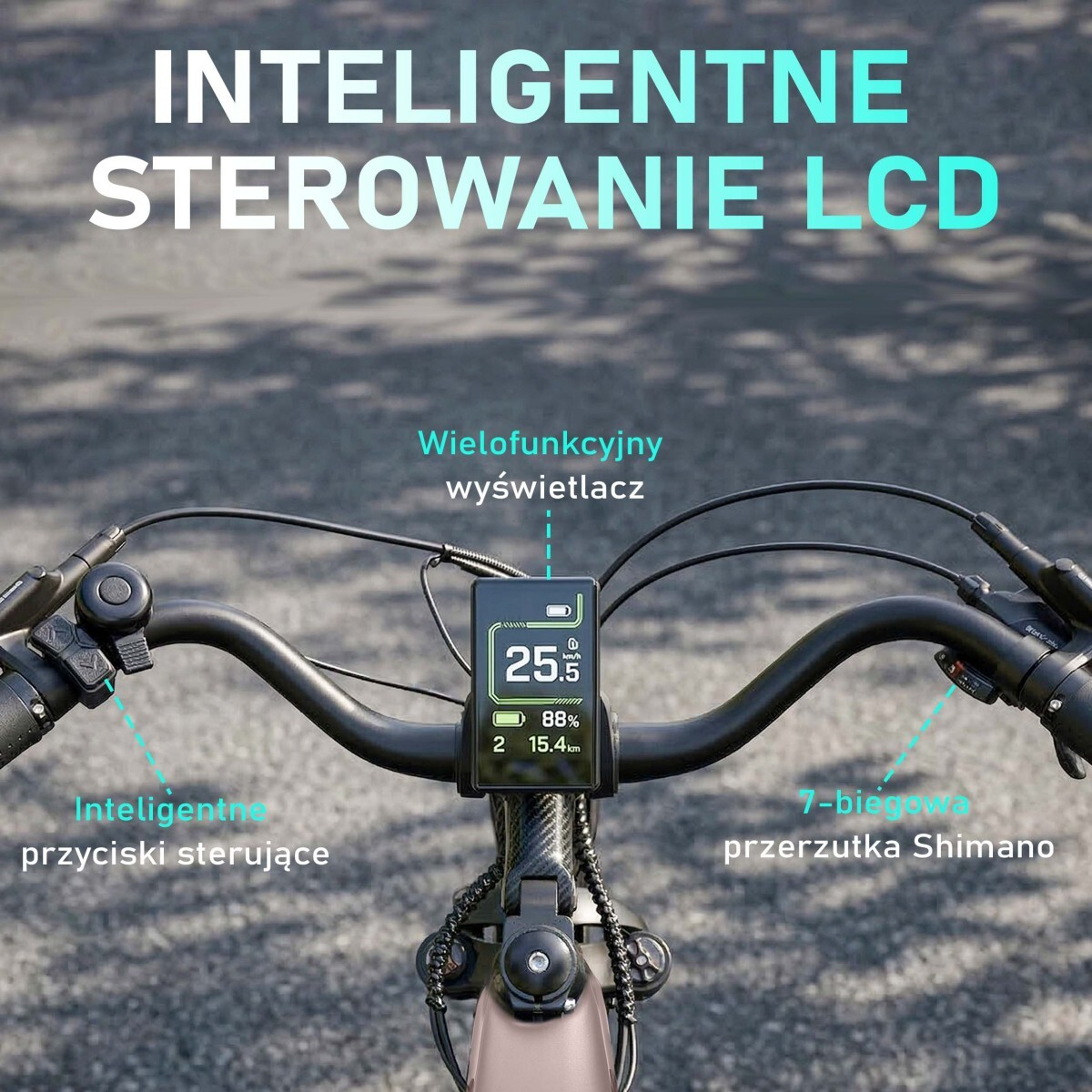 Kierownica roweru elektrycznego z wyświetlaczem LCD pokazującym prędkość, baterię, dystans.