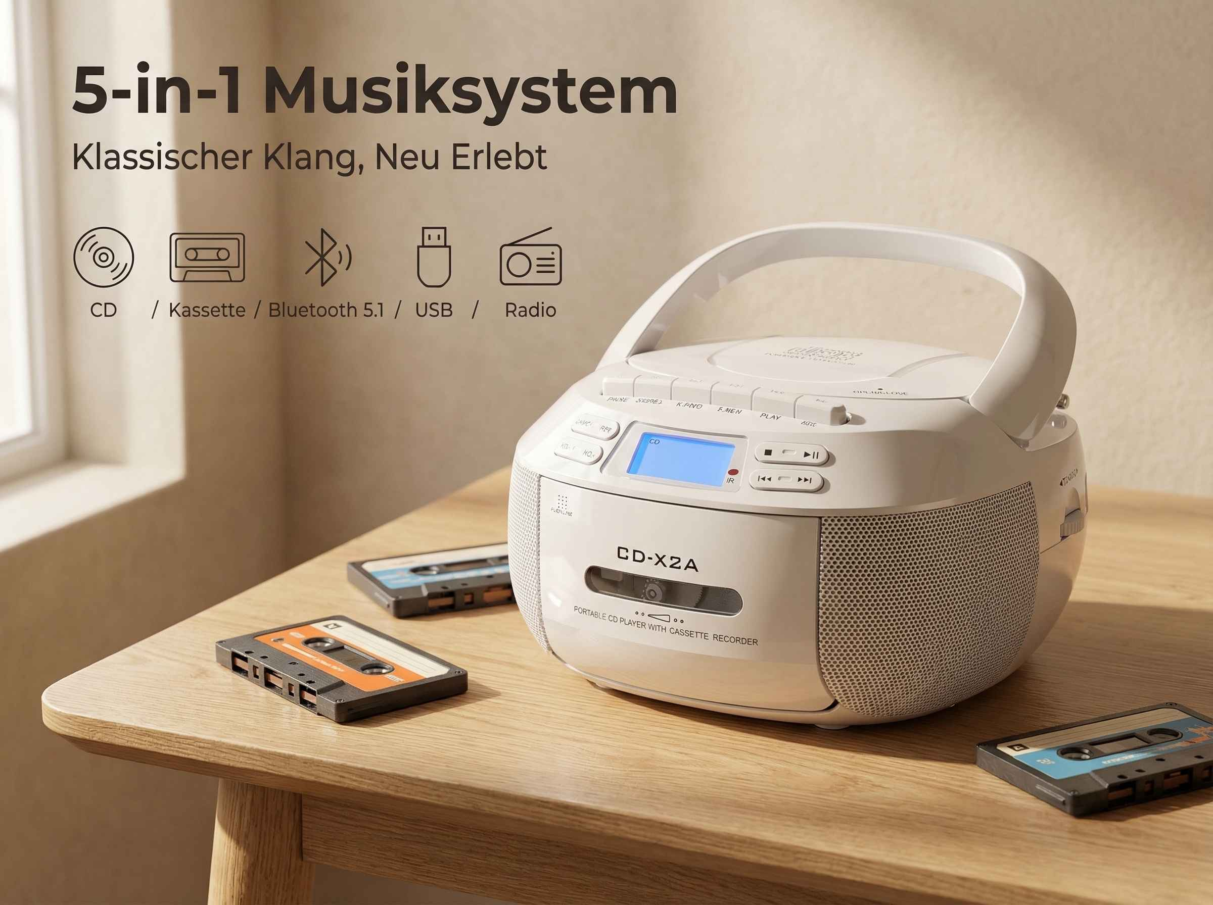 Weißes 5-in-1-Musiksystem mit Kassette, CD, USB, Bluetooth und Radio.