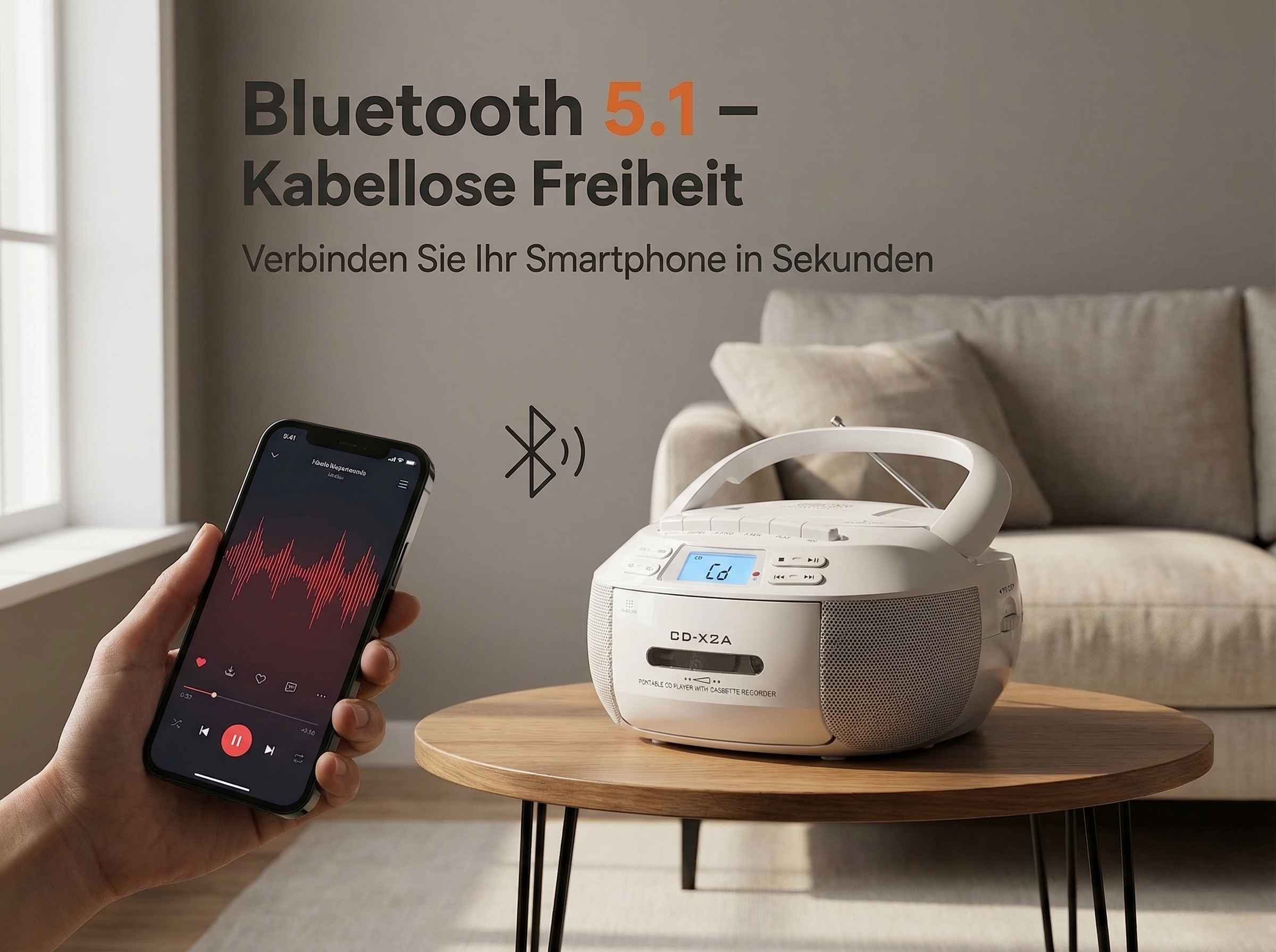 Smartphone verbindet sich mit weißem CD-Player über Bluetooth.