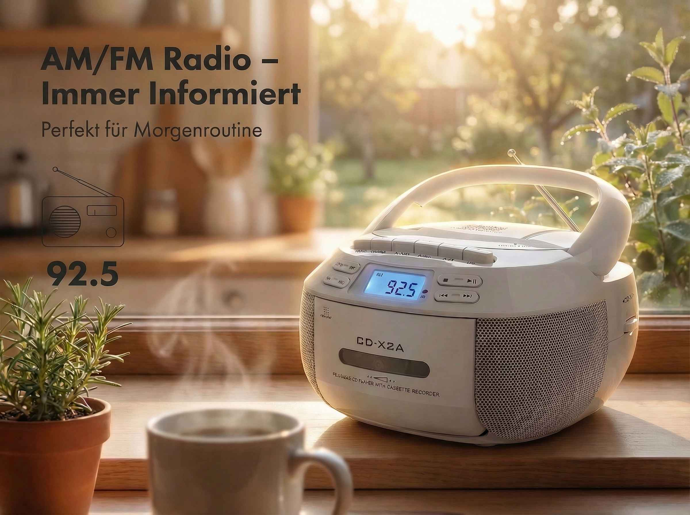Ein weißer CD-Player mit Radio steht auf einem Fensterbrett neben einer Kaffeetasse und Pflanzen.