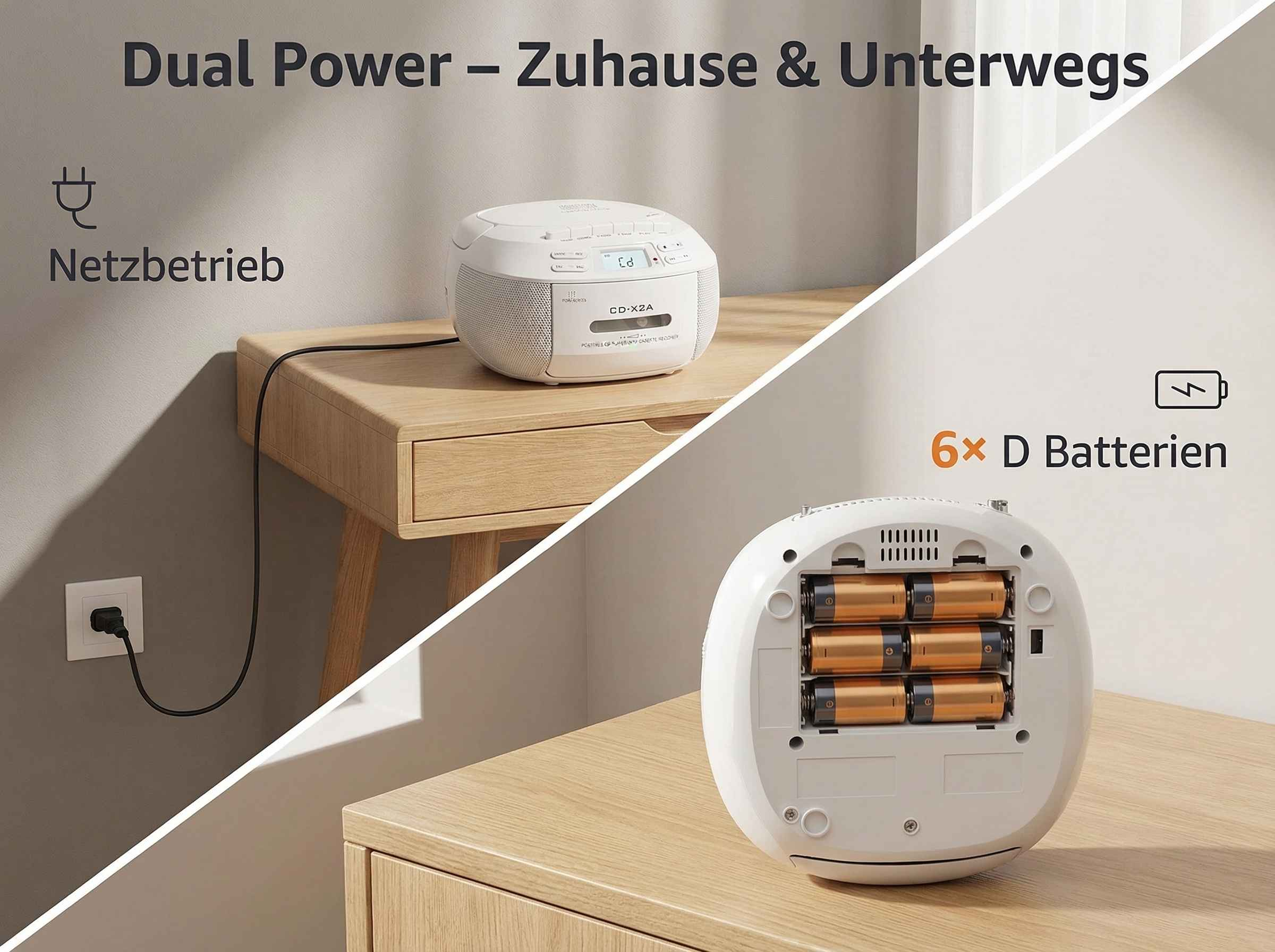 Ein weißer CD-Player mit Netz- und Batteriebetrieb.