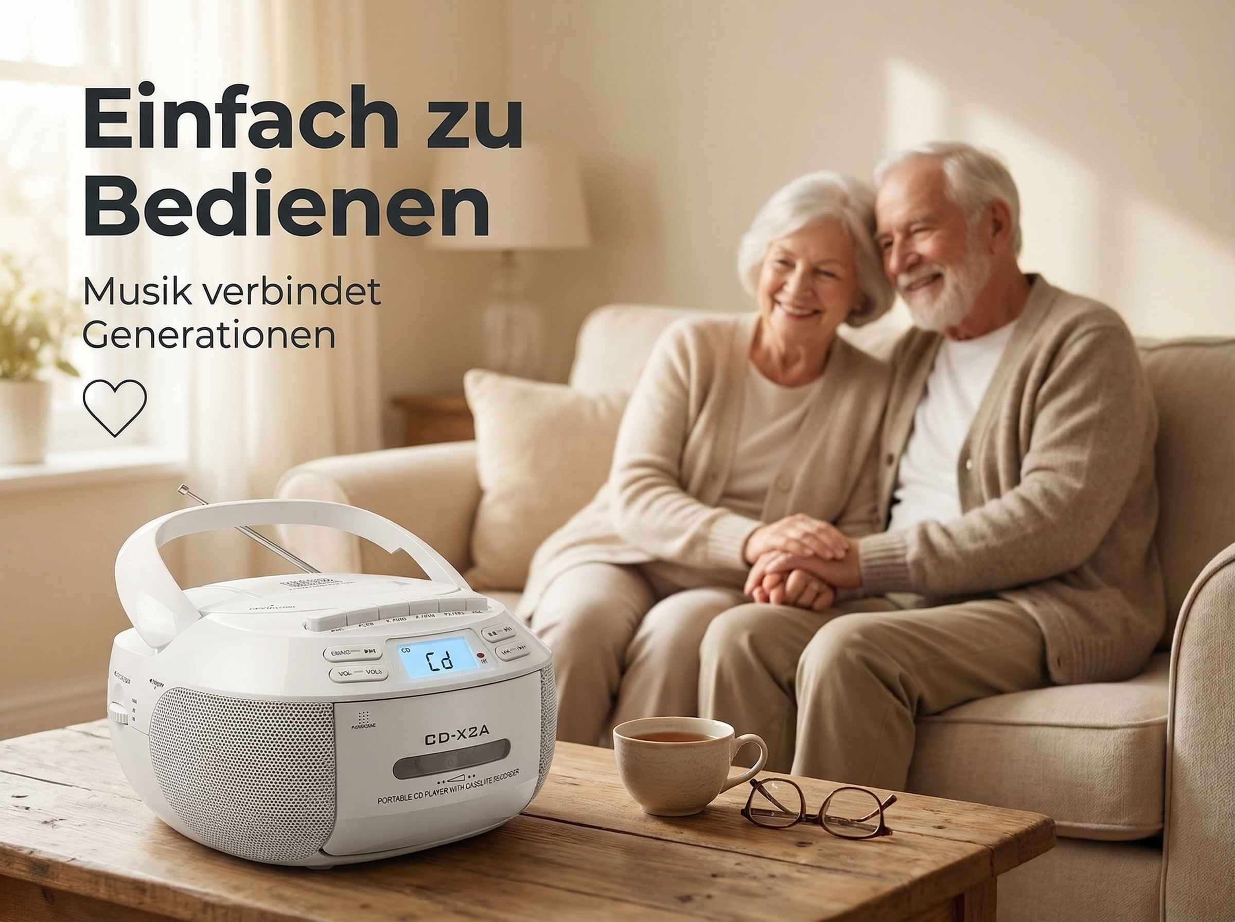 Ein älteres Paar hält Händchen auf einem Sofa vor einem CD-Player.