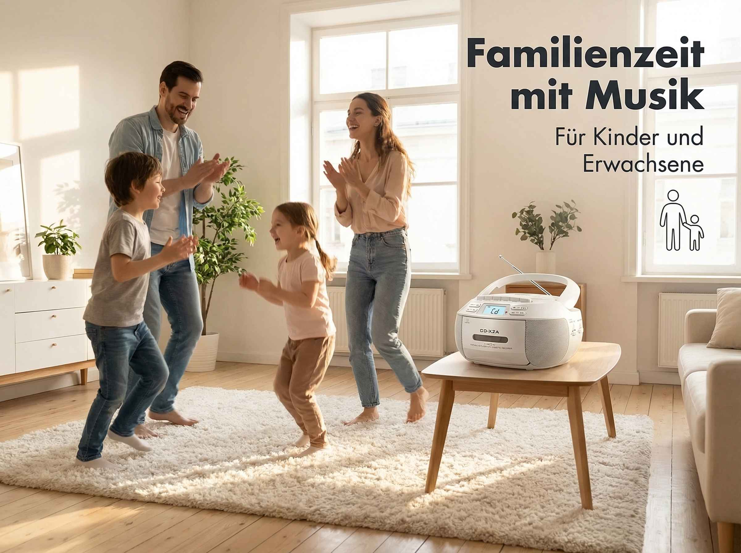 Eine Familie tanzt und klatscht im Wohnzimmer zu Musik von einem CD-Player.