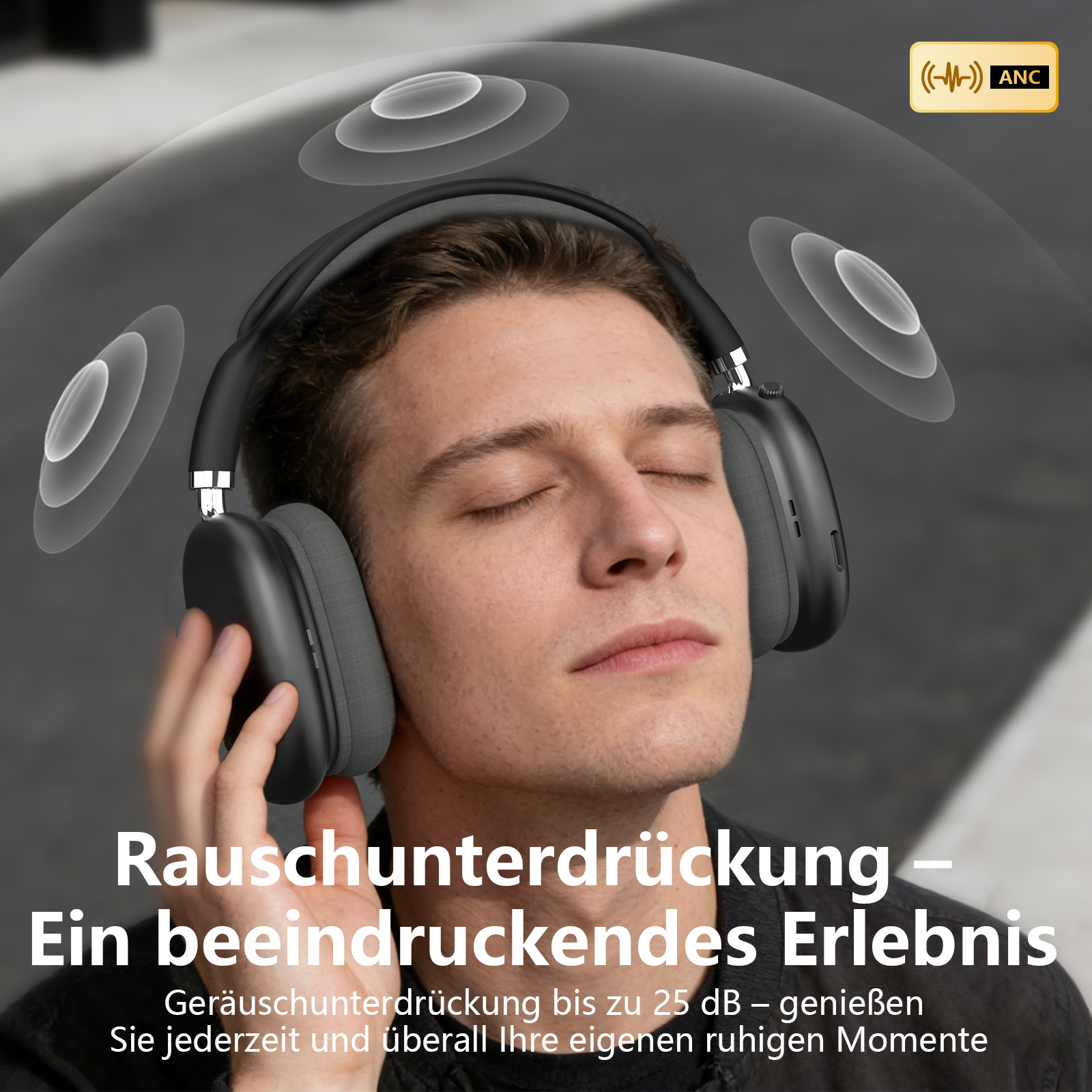 Mann mit geschlossenen Augen trägt Kopfhörer, ANC-Symbol, Geräuschunterdrückung.