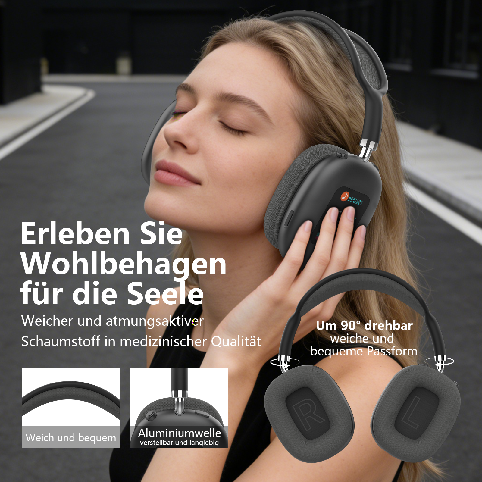 Frau mit Kopfhörern, die auf Komfort und Qualität abzielen.