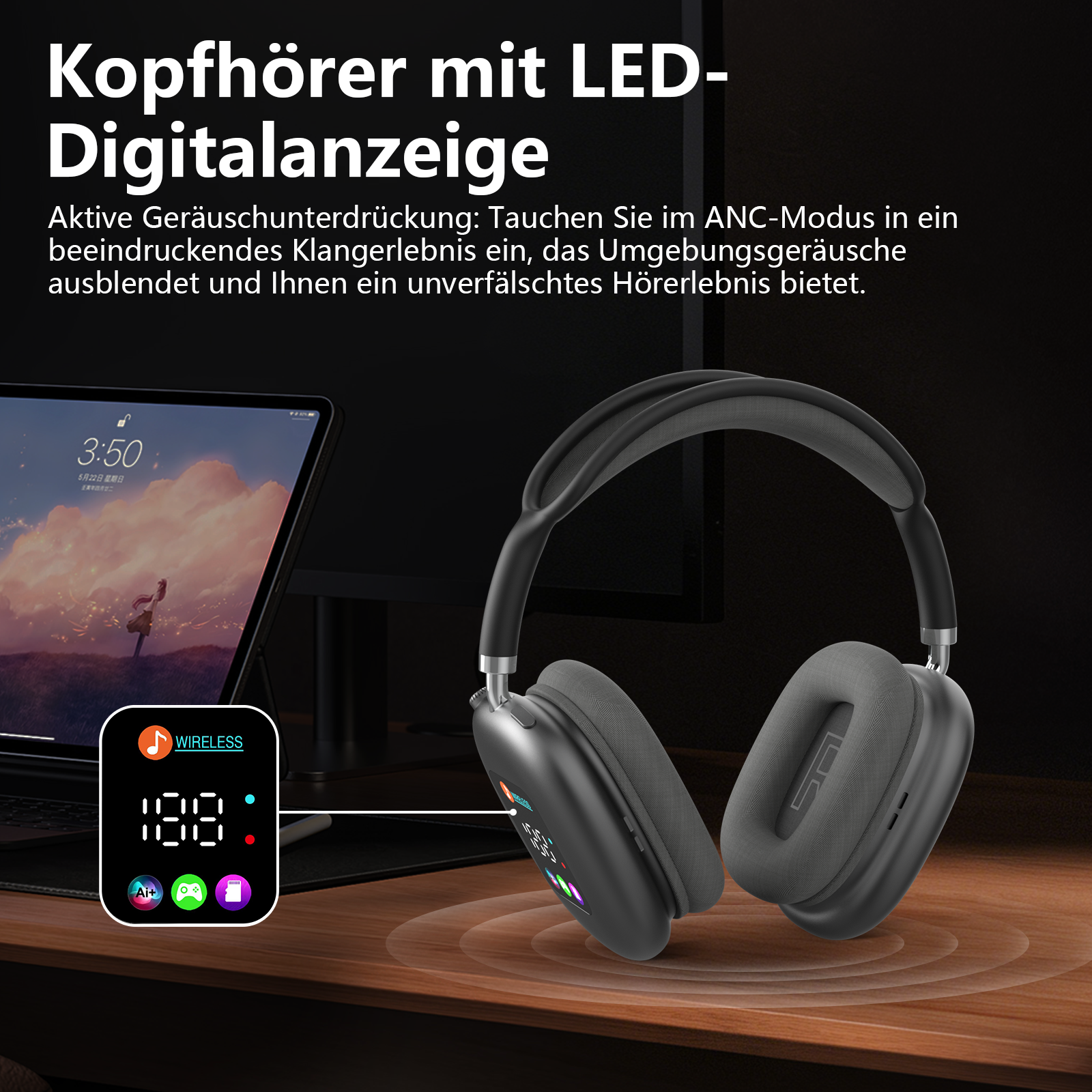 Schwarze Kopfhörer mit LED-Anzeige auf einem Holztisch, neben einem Tablet.