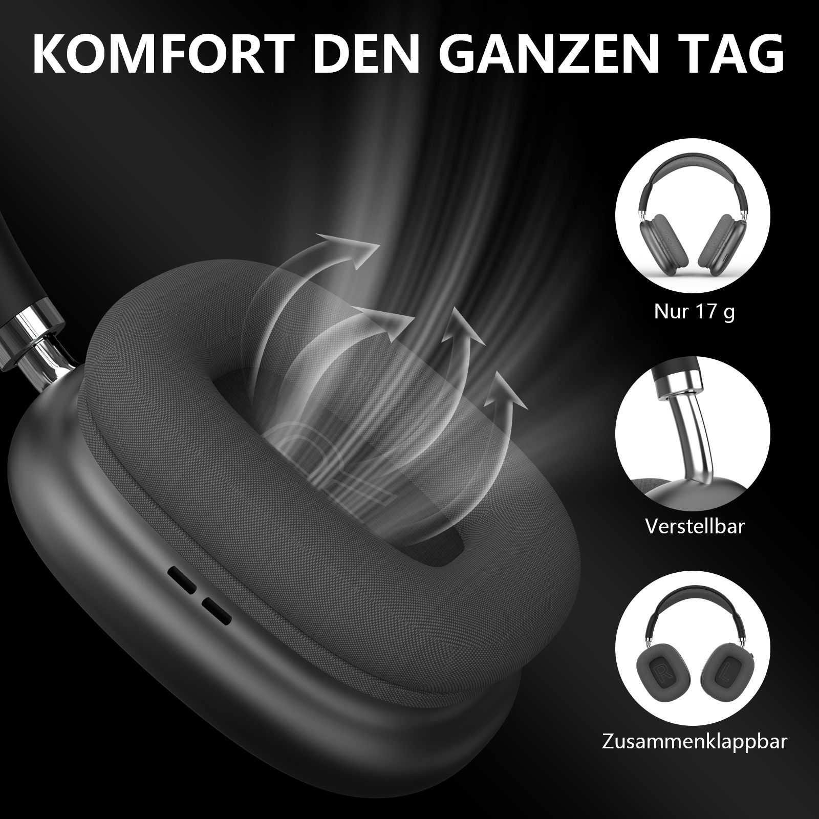 Große schwarze Kopfhörer mit Lüftungspfeilen und Produktmerkmalen.