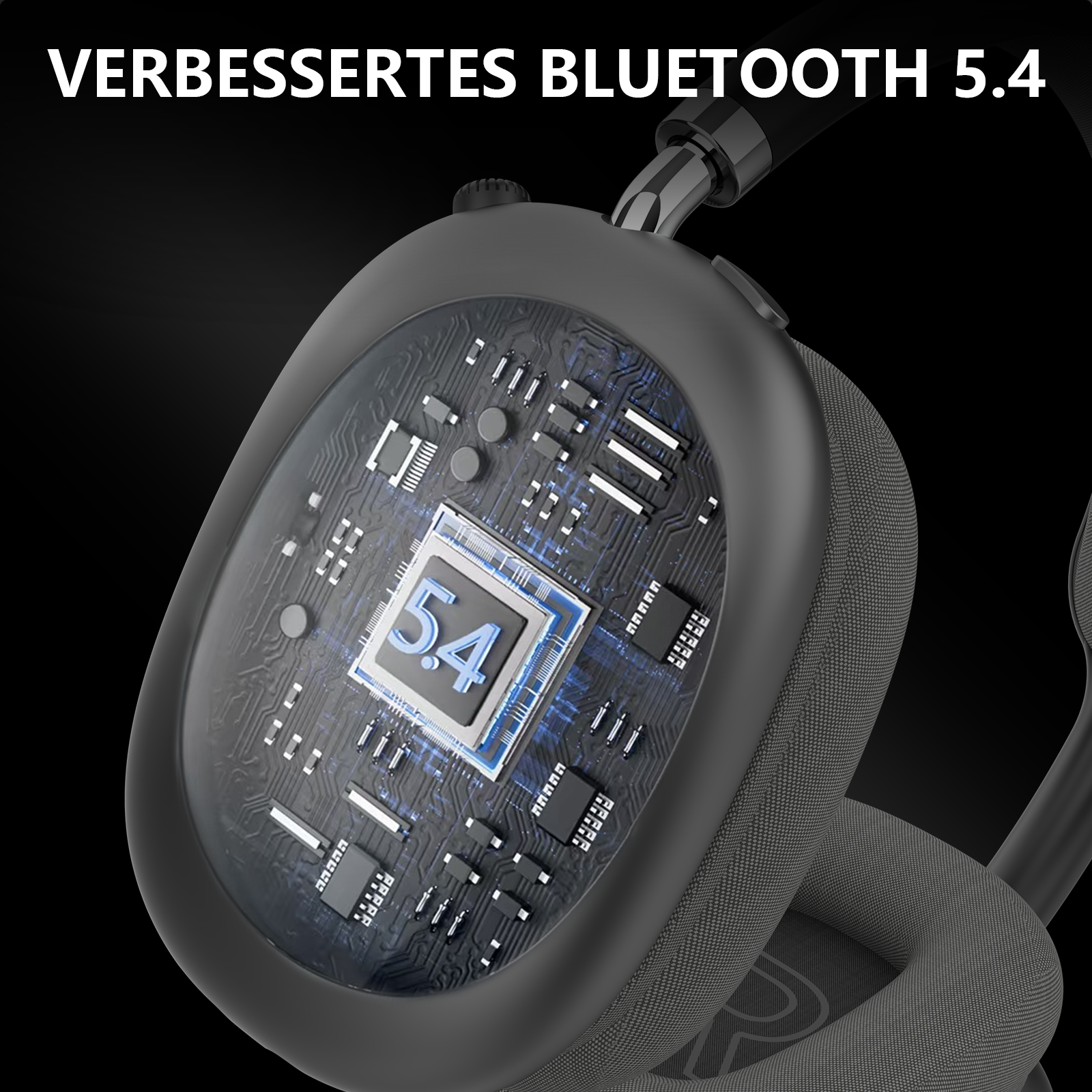 Kopfhörer mit "Verbessertes Bluetooth 5.4" Schriftzug und detaillierter Chip-Ansicht.