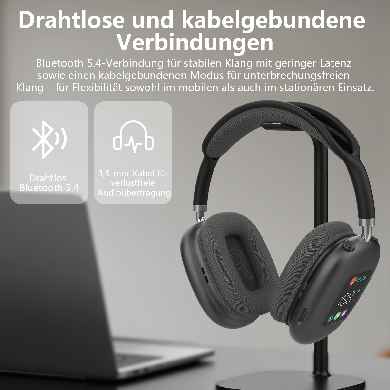 Drahtlose Kopfhörer mit Bluetooth 5.4 und Kabelmodus, daneben ein Laptop.