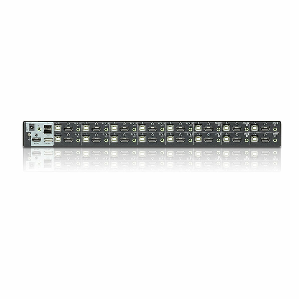 Conmutador KVM de montaje en rack con muchos puertos HDMI y USB etiquetados CPU 1-16.